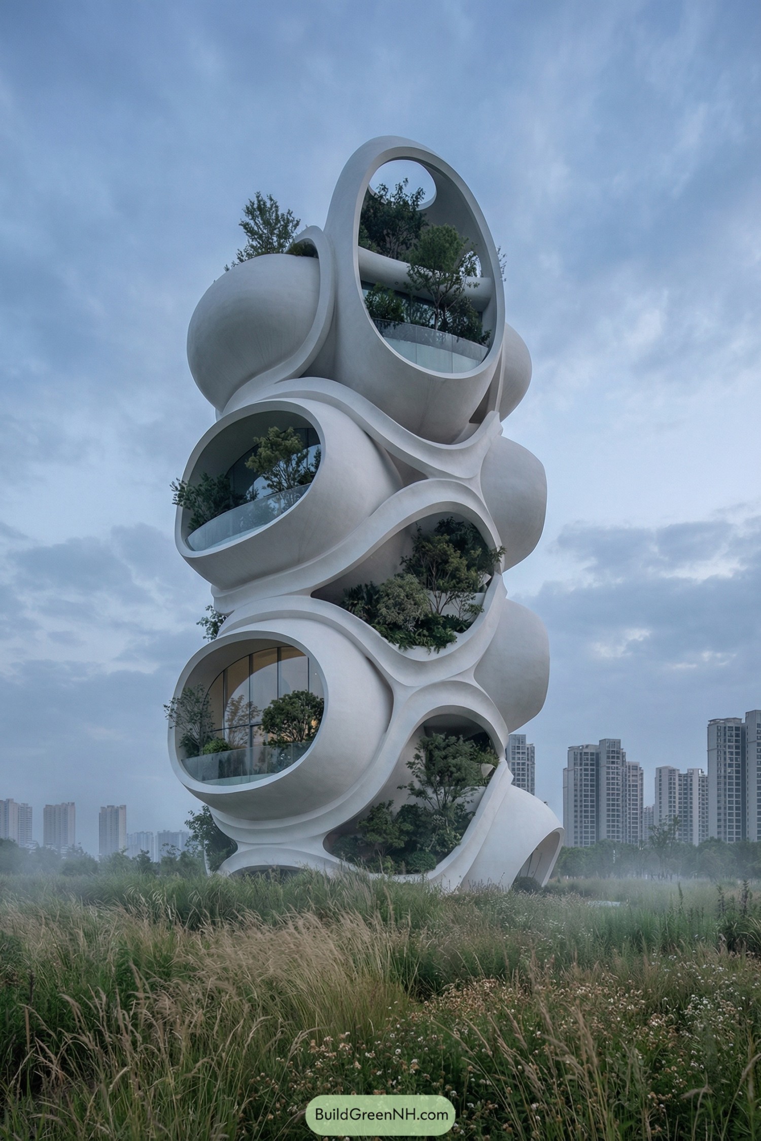 Futuristic white pod tower with layered circular balconies filled with trees rising from a meadow