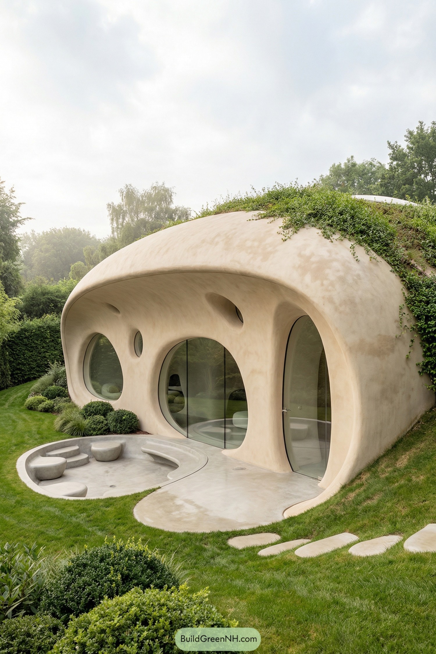 Organic cream colored pod home with curving openings, glass doors, and green roof nestled into a landscaped slope
