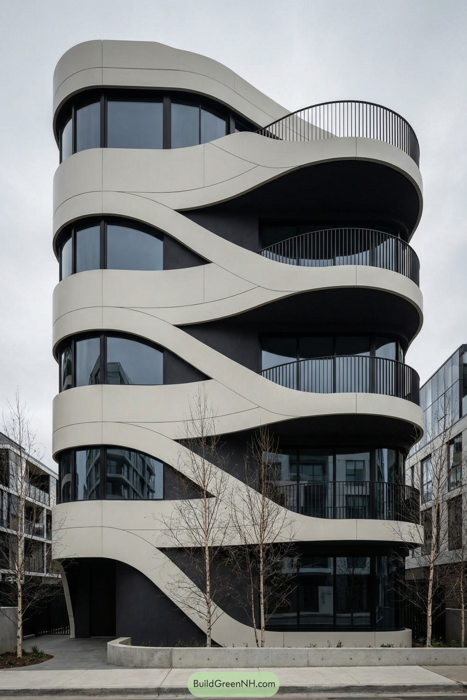 Curved multi-story building with flowing ribbon-like balconies