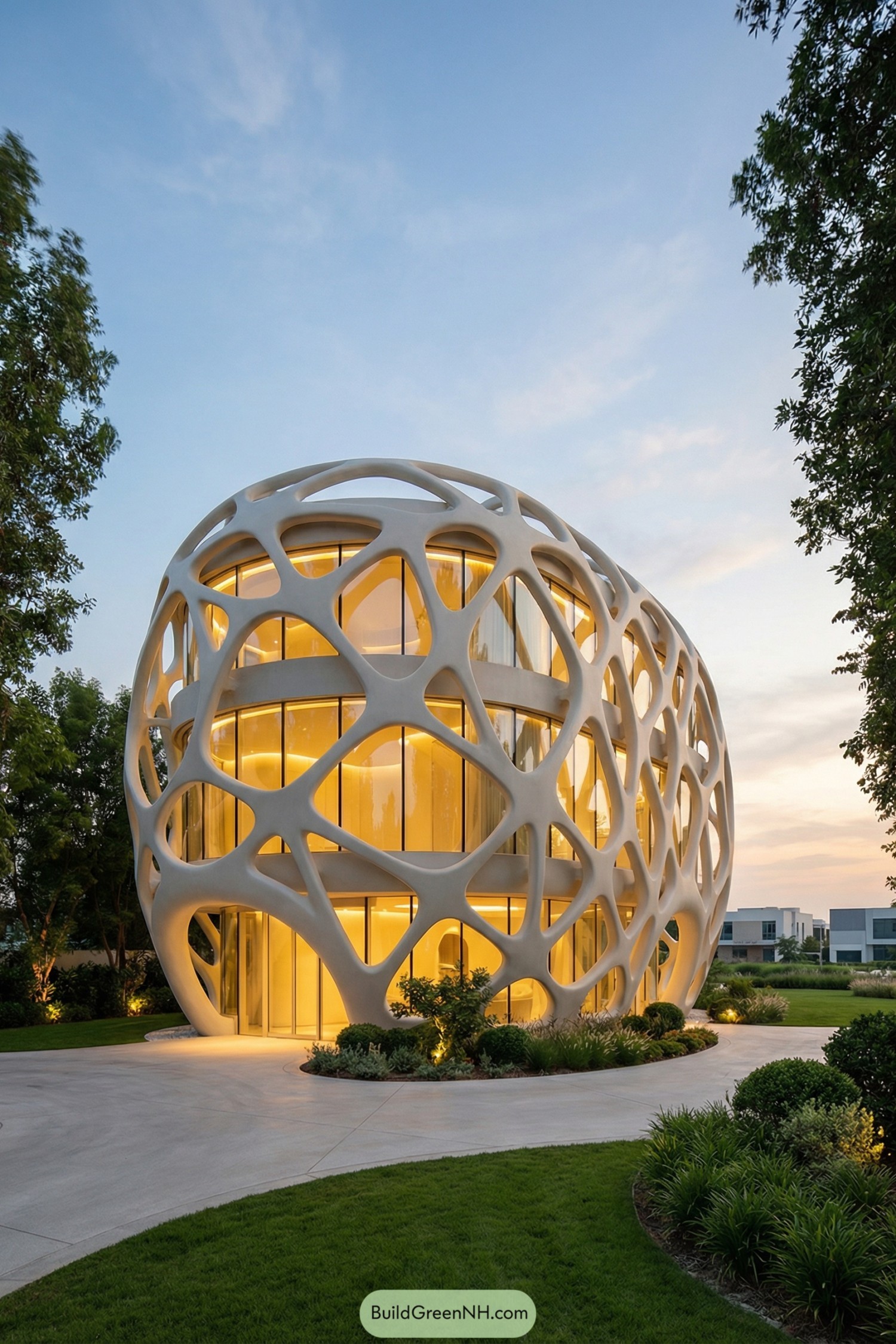 Organic lattice wrapped oval glass house at dusk