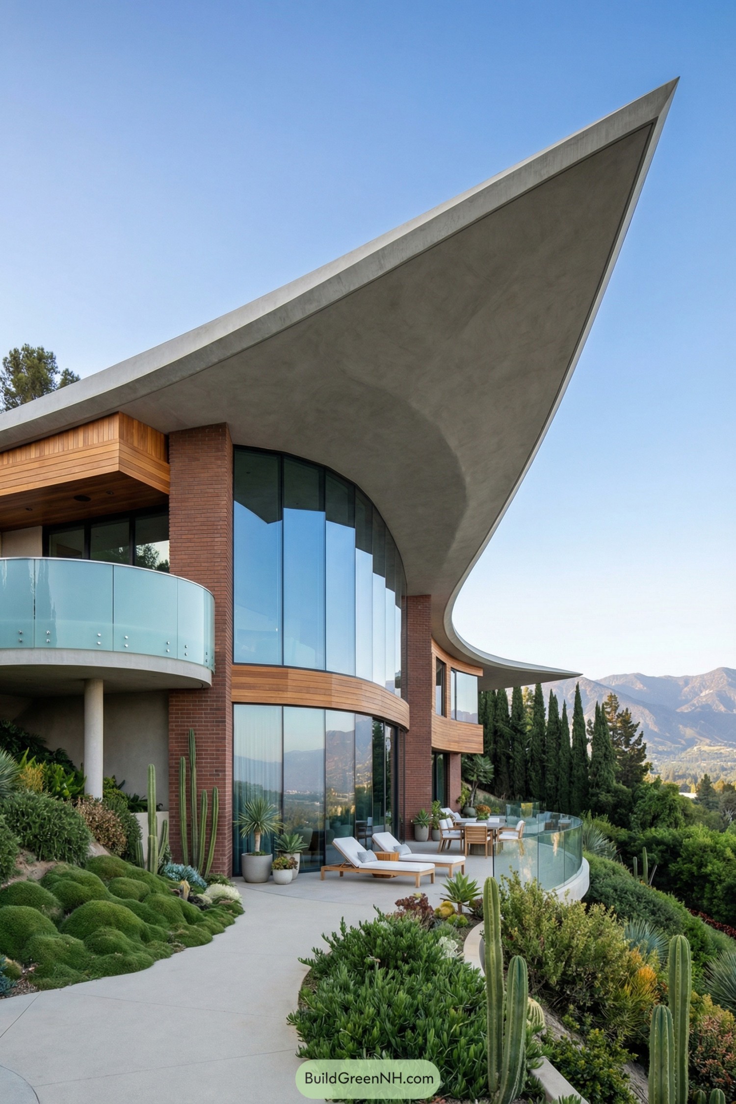 Curved glass hillside home with sweeping winglike roof and lush desert landscaping