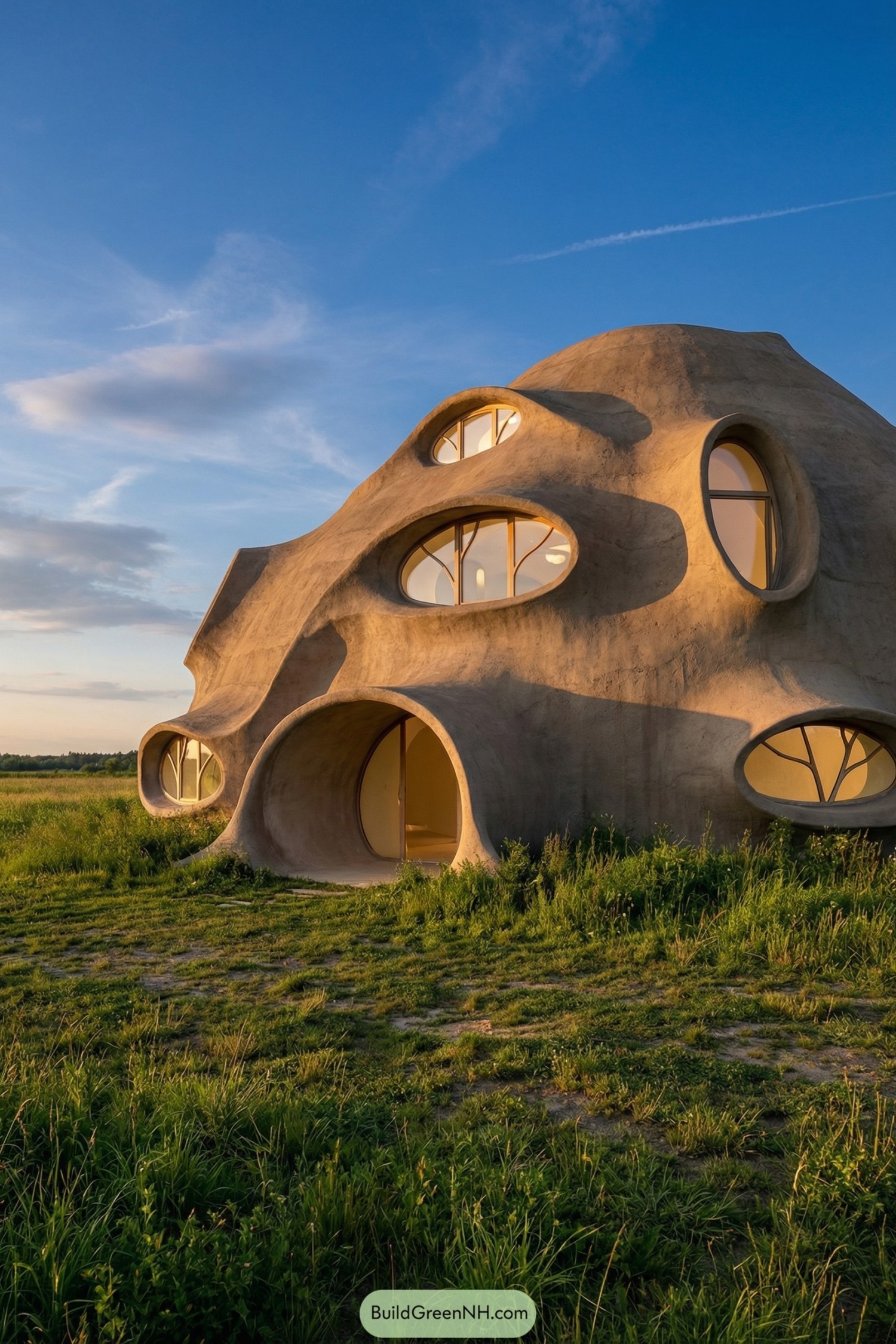 Organic dome house with sculpted openings in grassy field