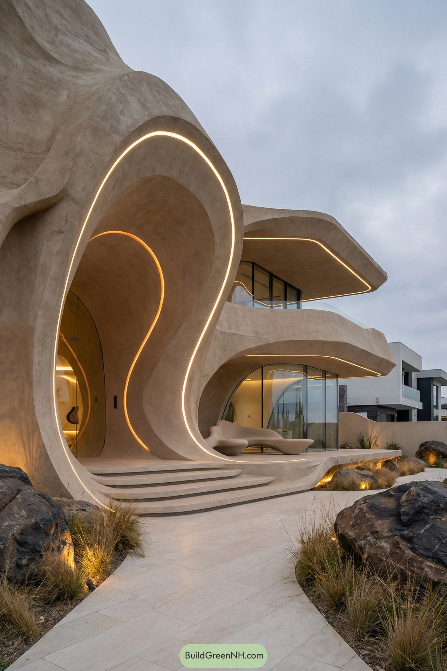 Organic concrete home exterior with flowing curves and glowing contour lines around glass walls and terraces