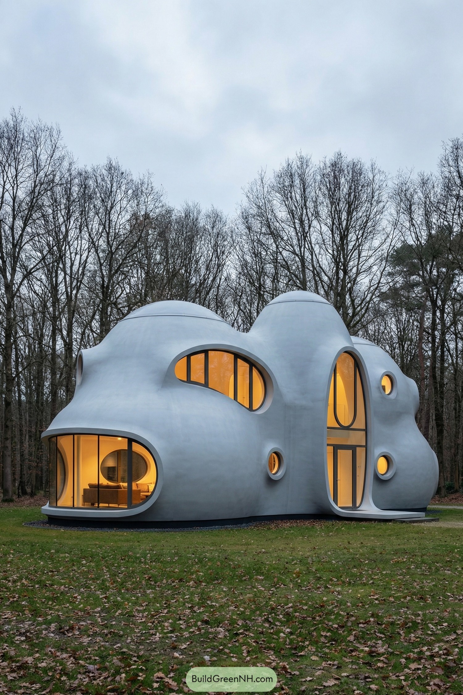 Soft white blob-shaped house in woods