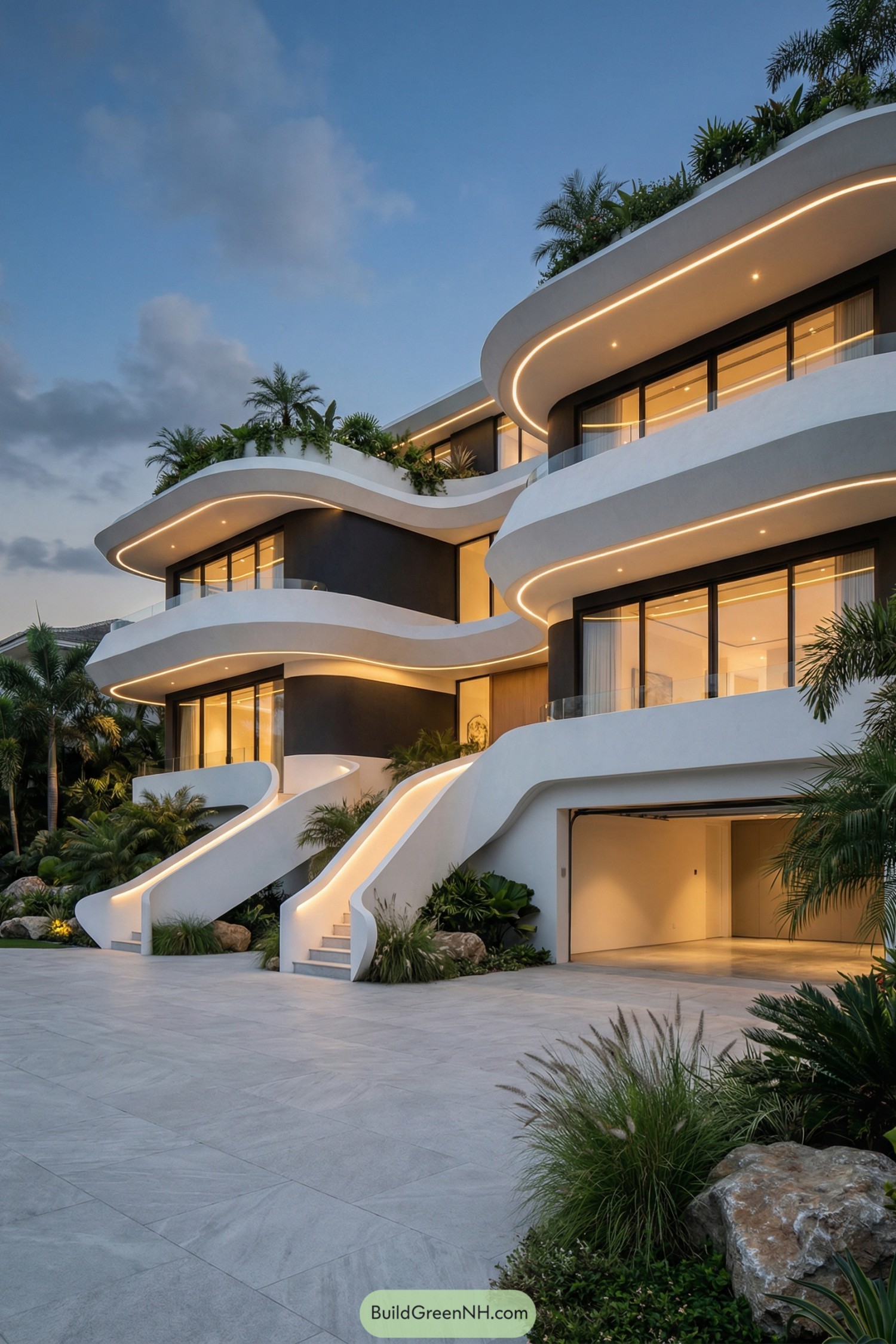 Tiered white modern house with flowing balconies, glowing trim, and lush tropical landscaping at dusk