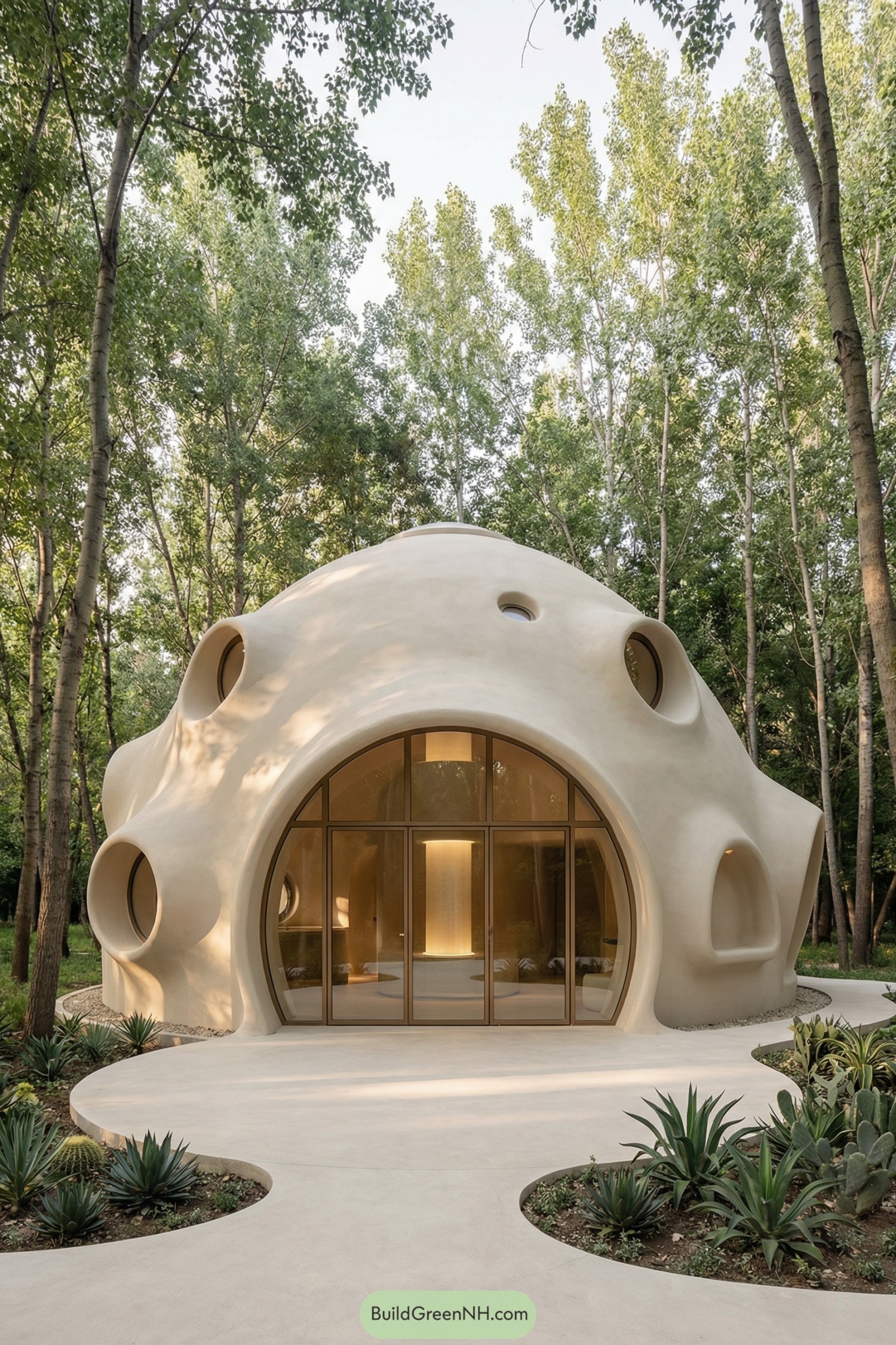 Cream-colored domed house with round windows in a wooded clearing