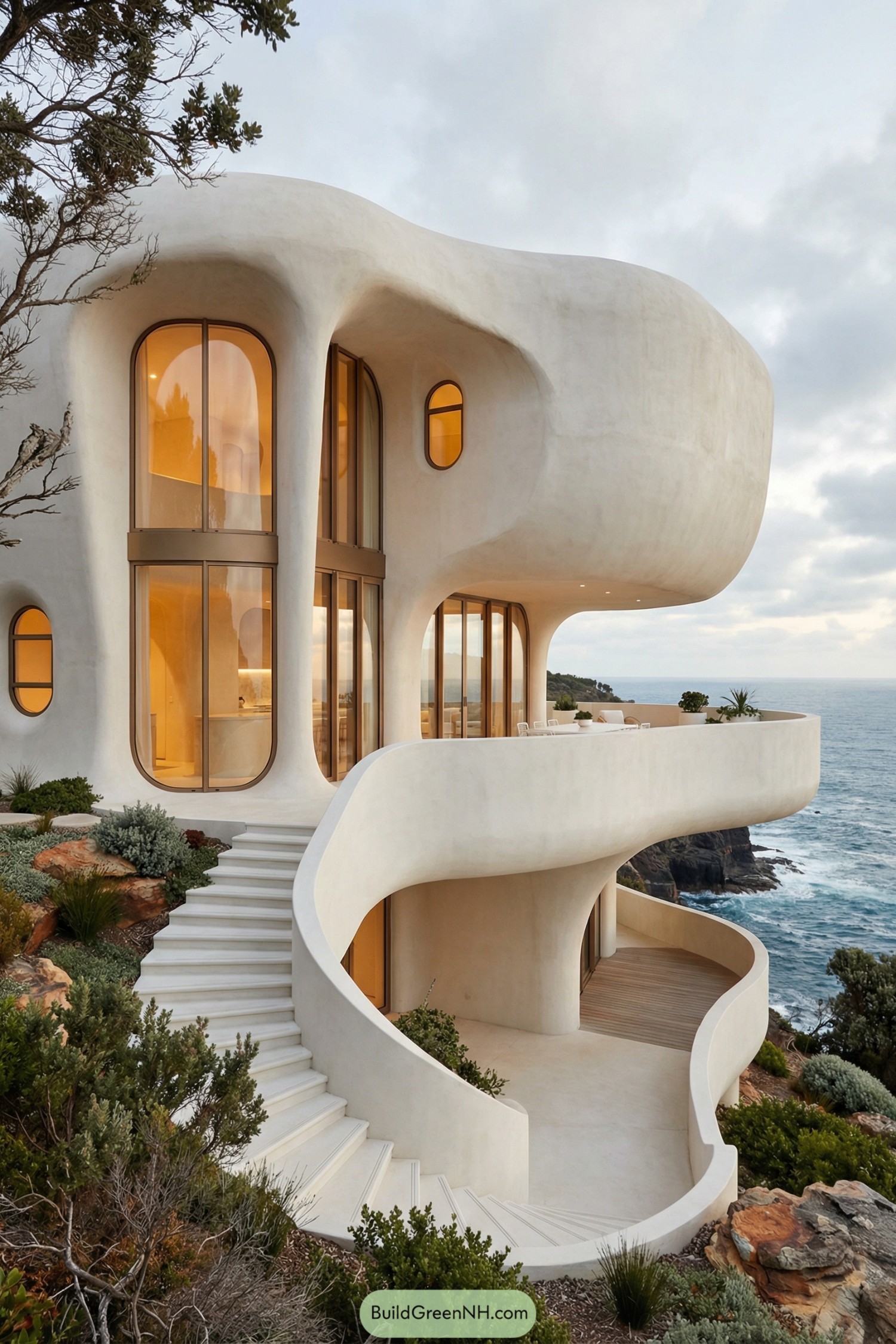 Organic white coastal home with curving terraces and tall rounded glass windows overlooking the sea