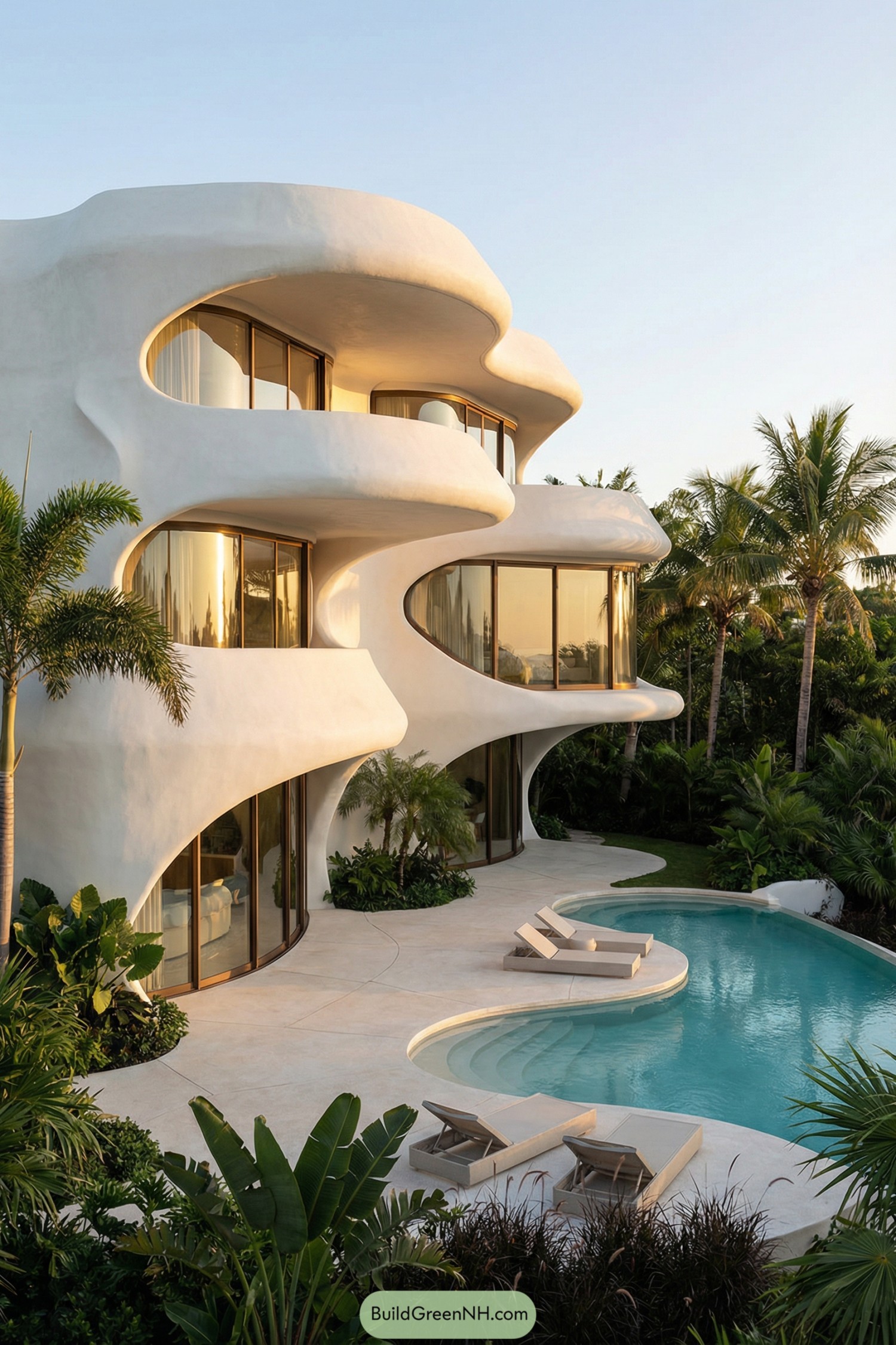 Organic white villa with soft curving balconies over a lagoon style pool