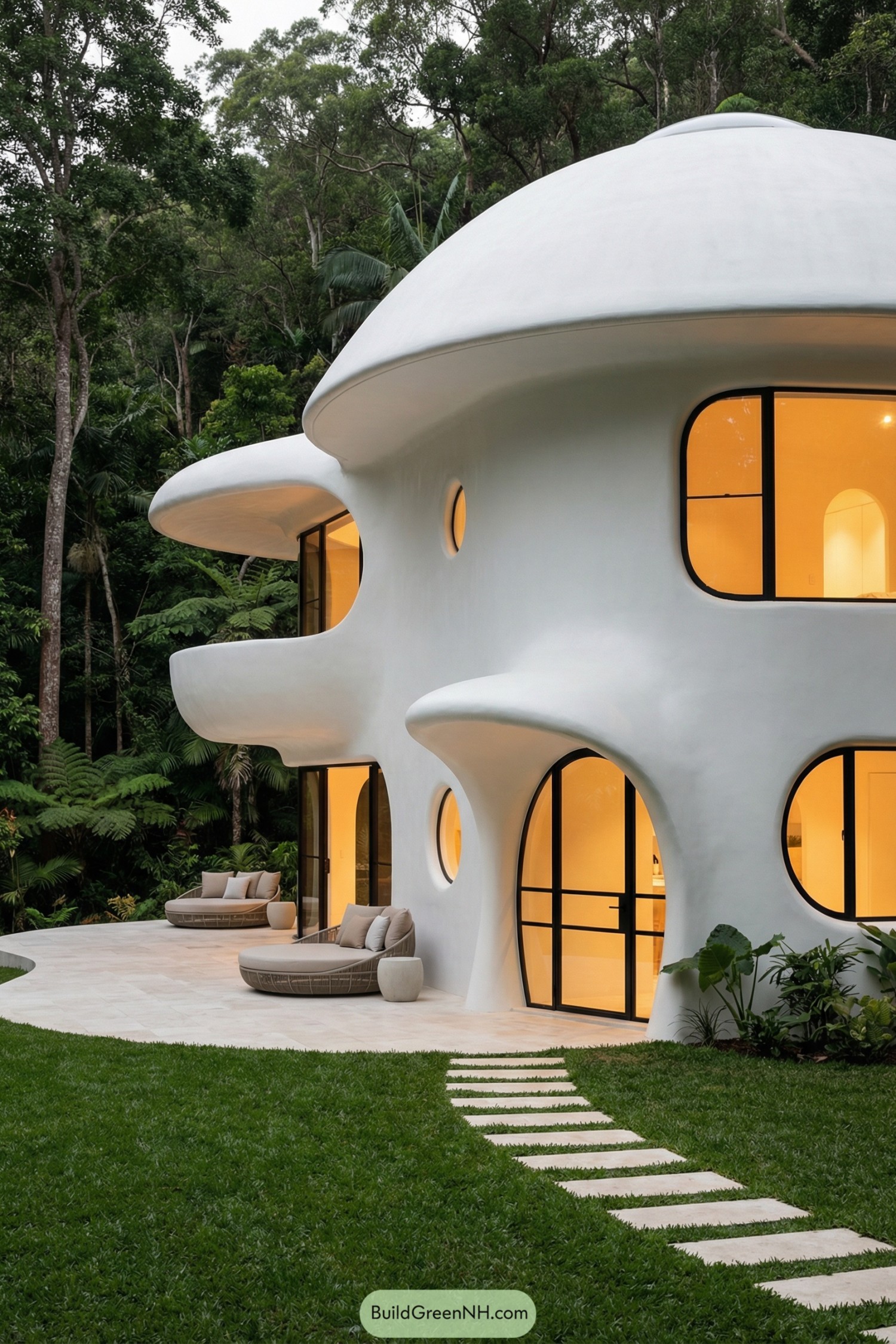 White organic shaped house with rounded balconies and glowing windows set in lush forest garden