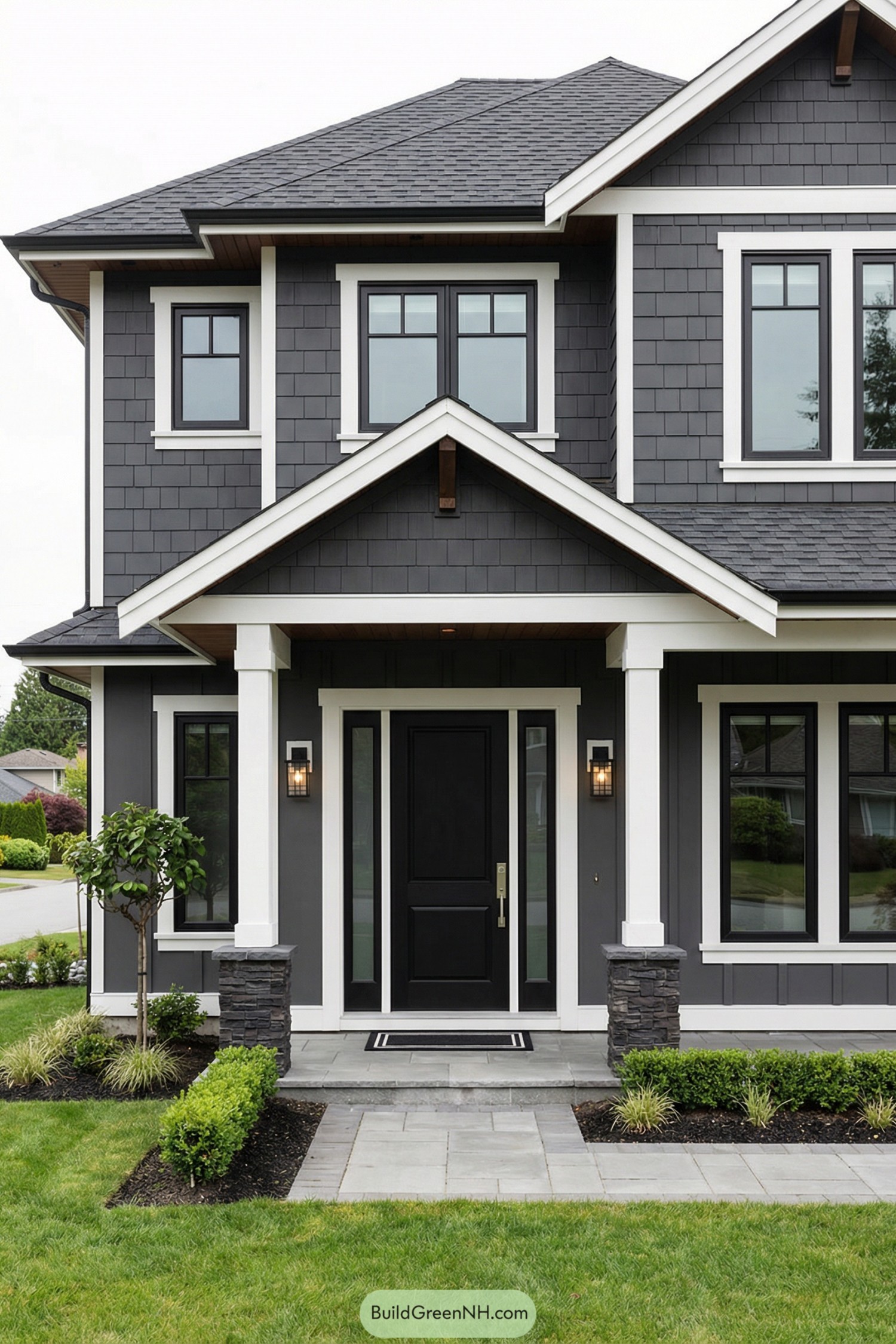 Dark gray two story house with white trim and a covered front porch