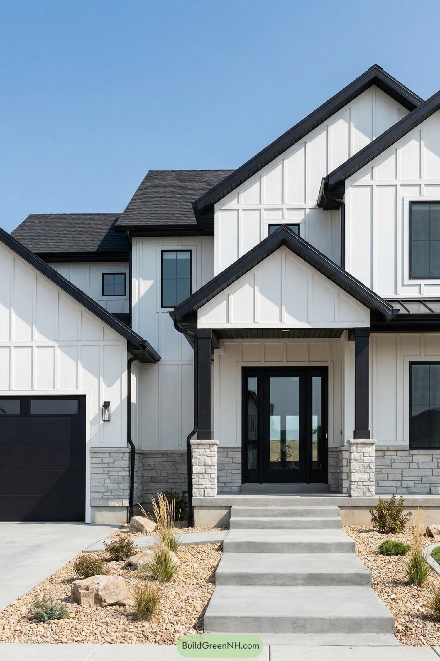 Modern black and white gabled house with stone base, large black-framed windows, and a simple xeriscape front yard