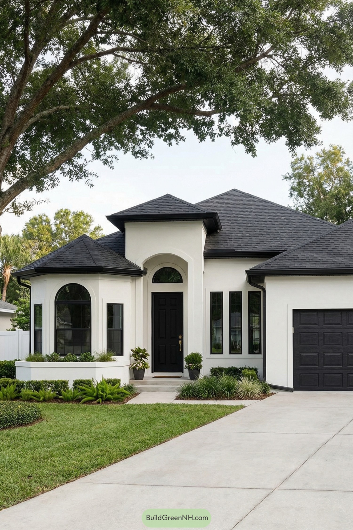 White stucco house with black roof, arched entry, and black windows framed by neat landscaping