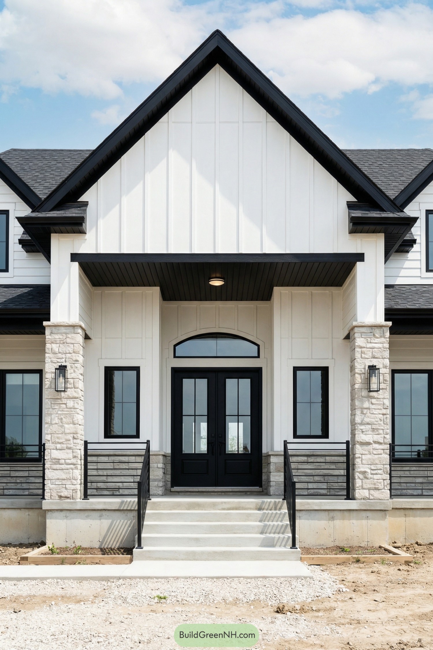 Modern farmhouse exterior with white siding black gable roof and stone pillars around a central black double door