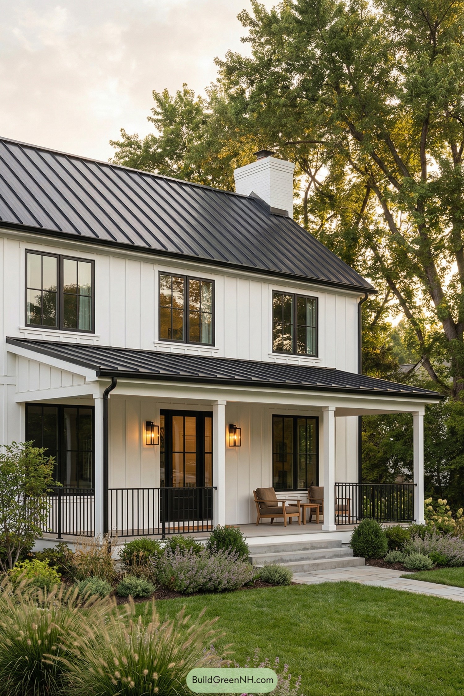 White modern farmhouse with black metal roof and cozy front porch