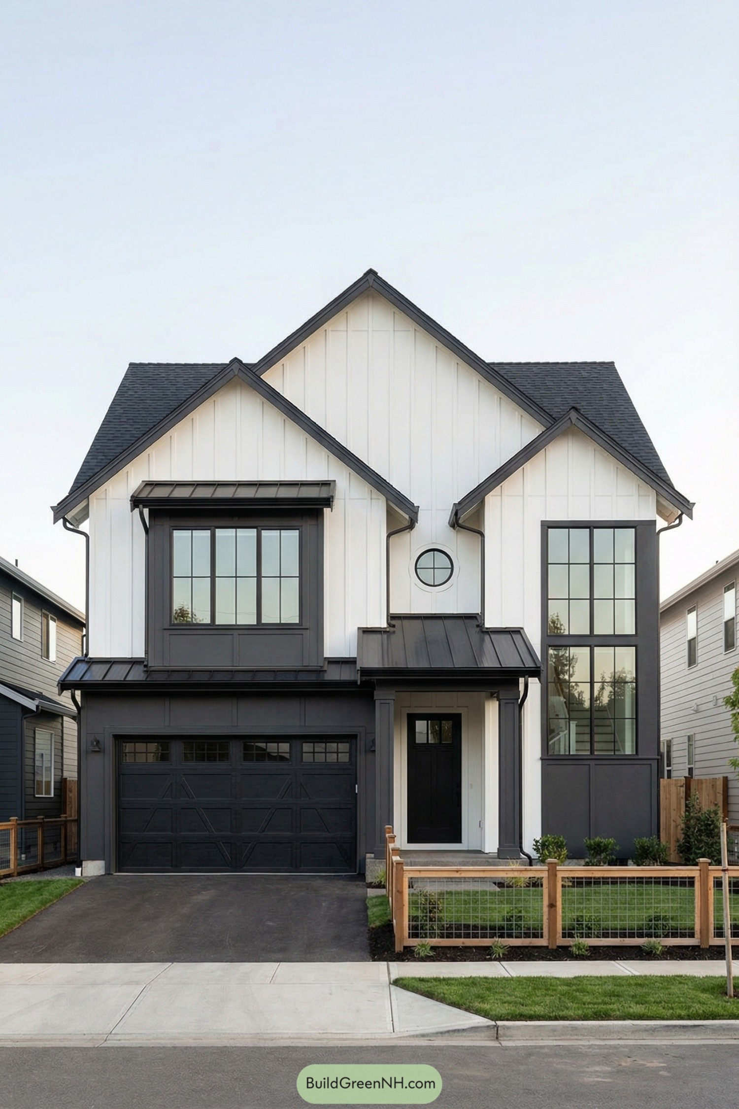 Modern black and white gabled house exterior
