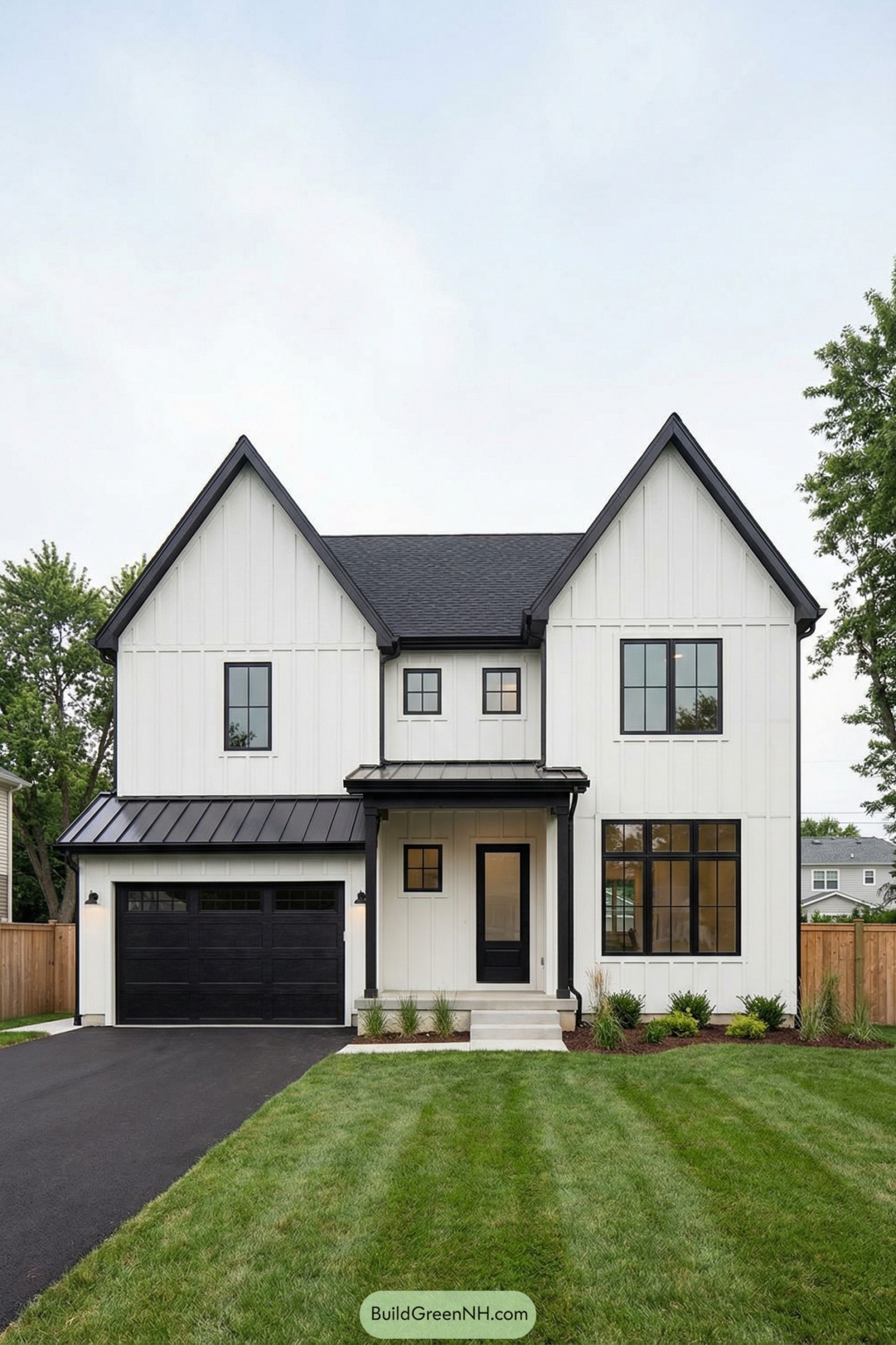 Modern black and white gabled house with attached garage