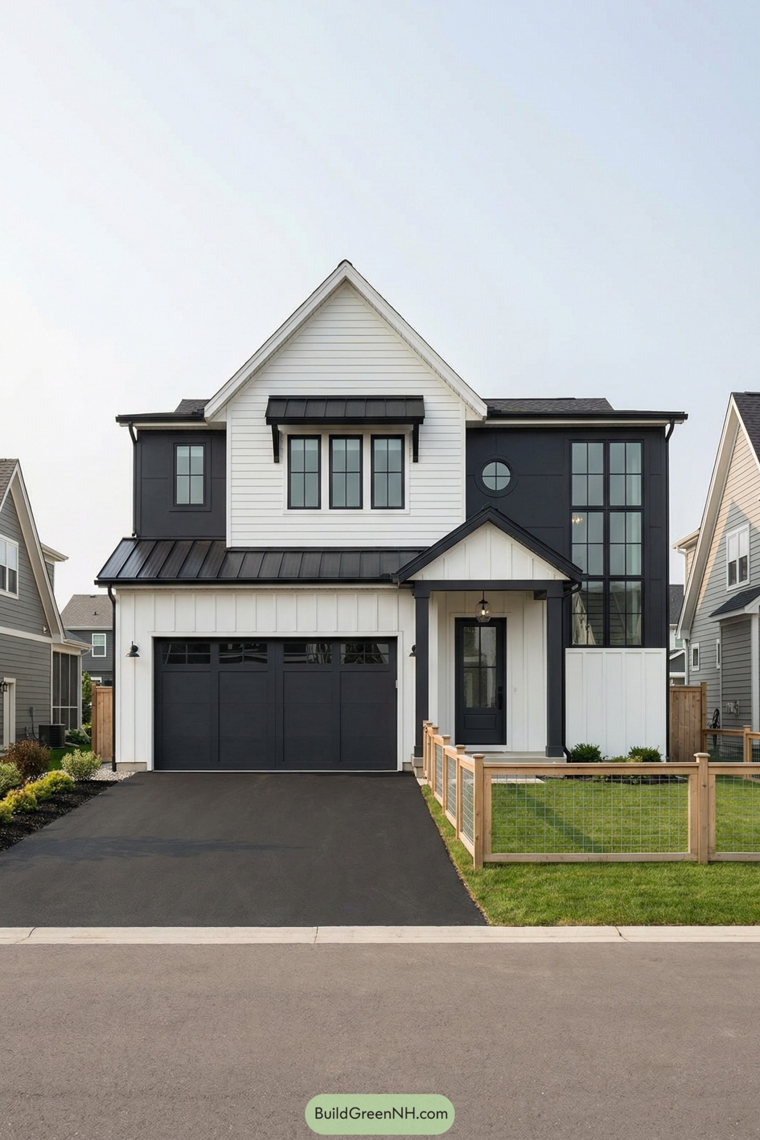 Black and white two story modern farmhouse exterior