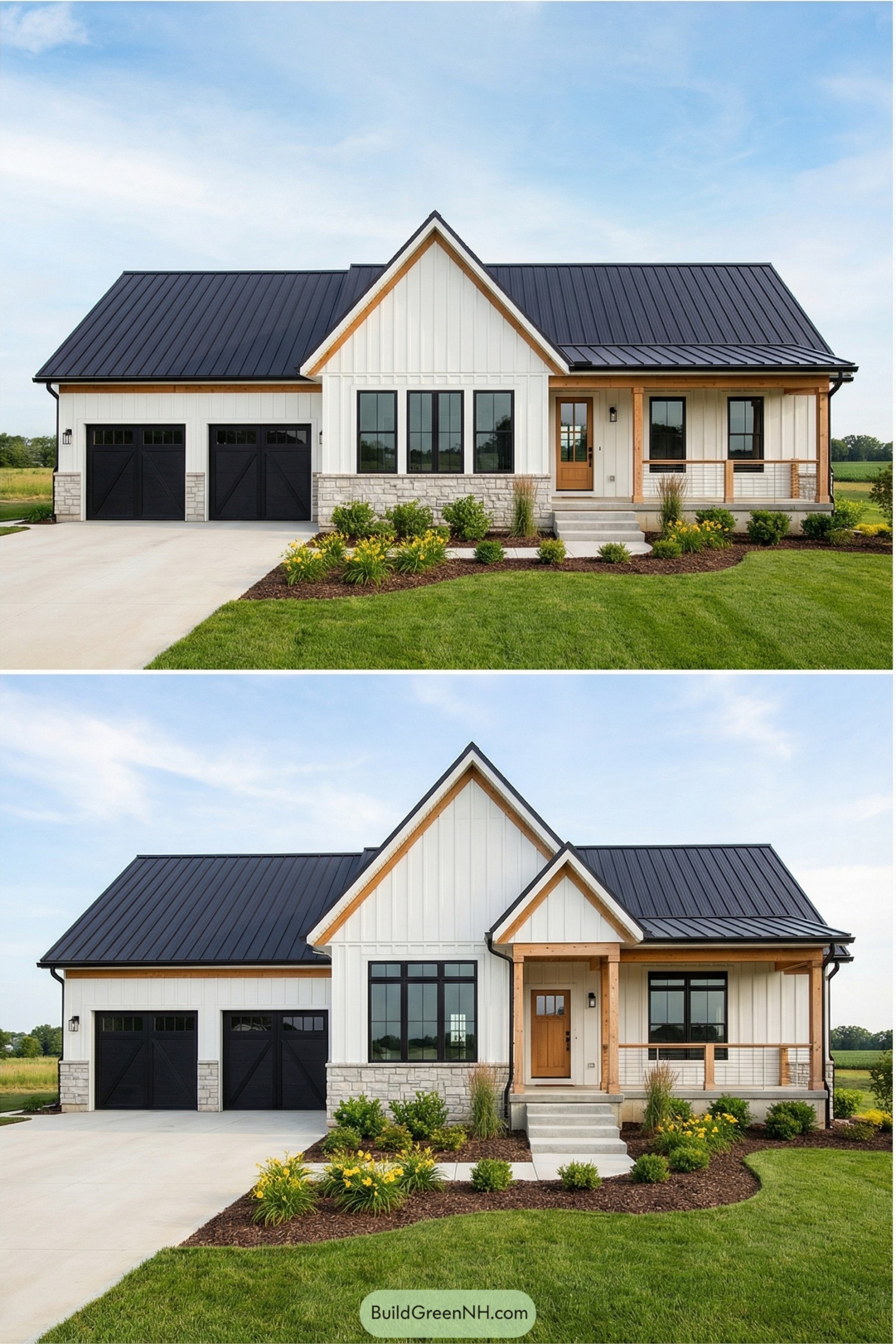 Modern farmhouse with black metal roof, white siding, stone base, wood porch posts, and black garage doors