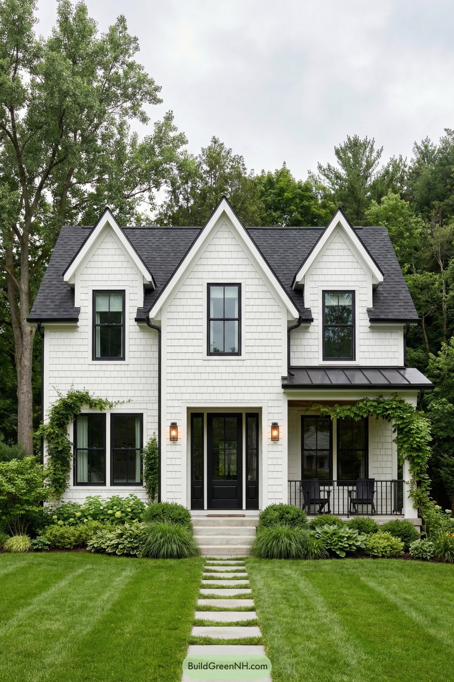 White gabled house with black trim and porch, framed by lush landscaping and vines