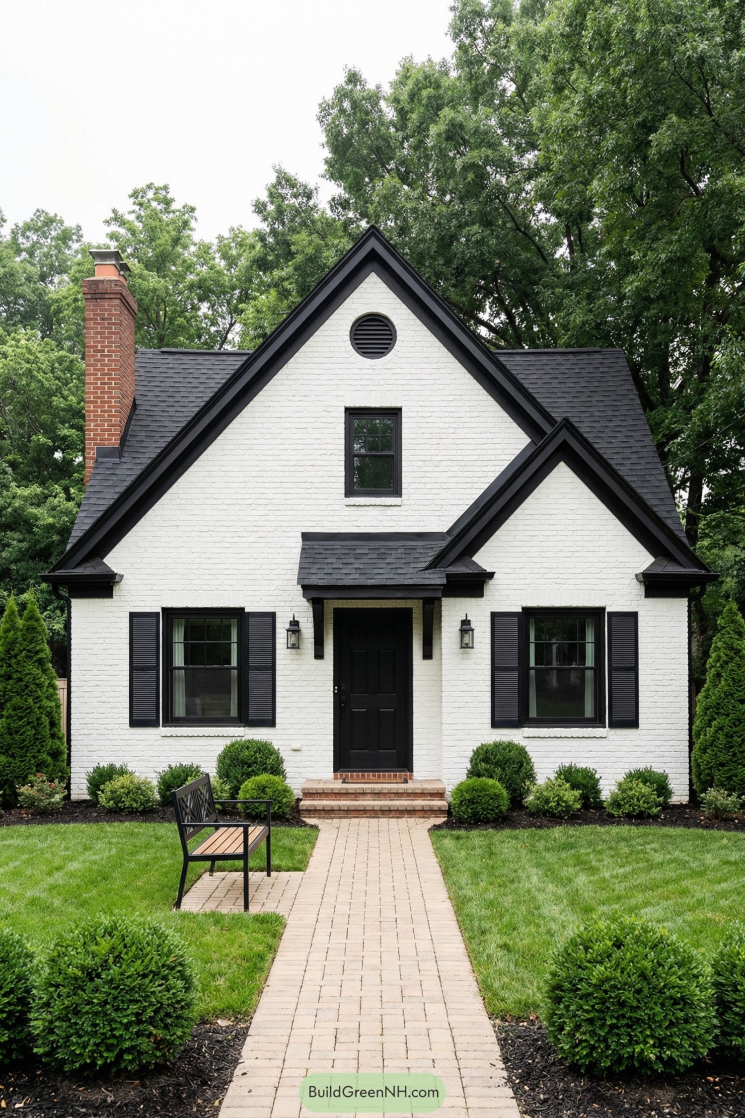 White brick cottage with black trim