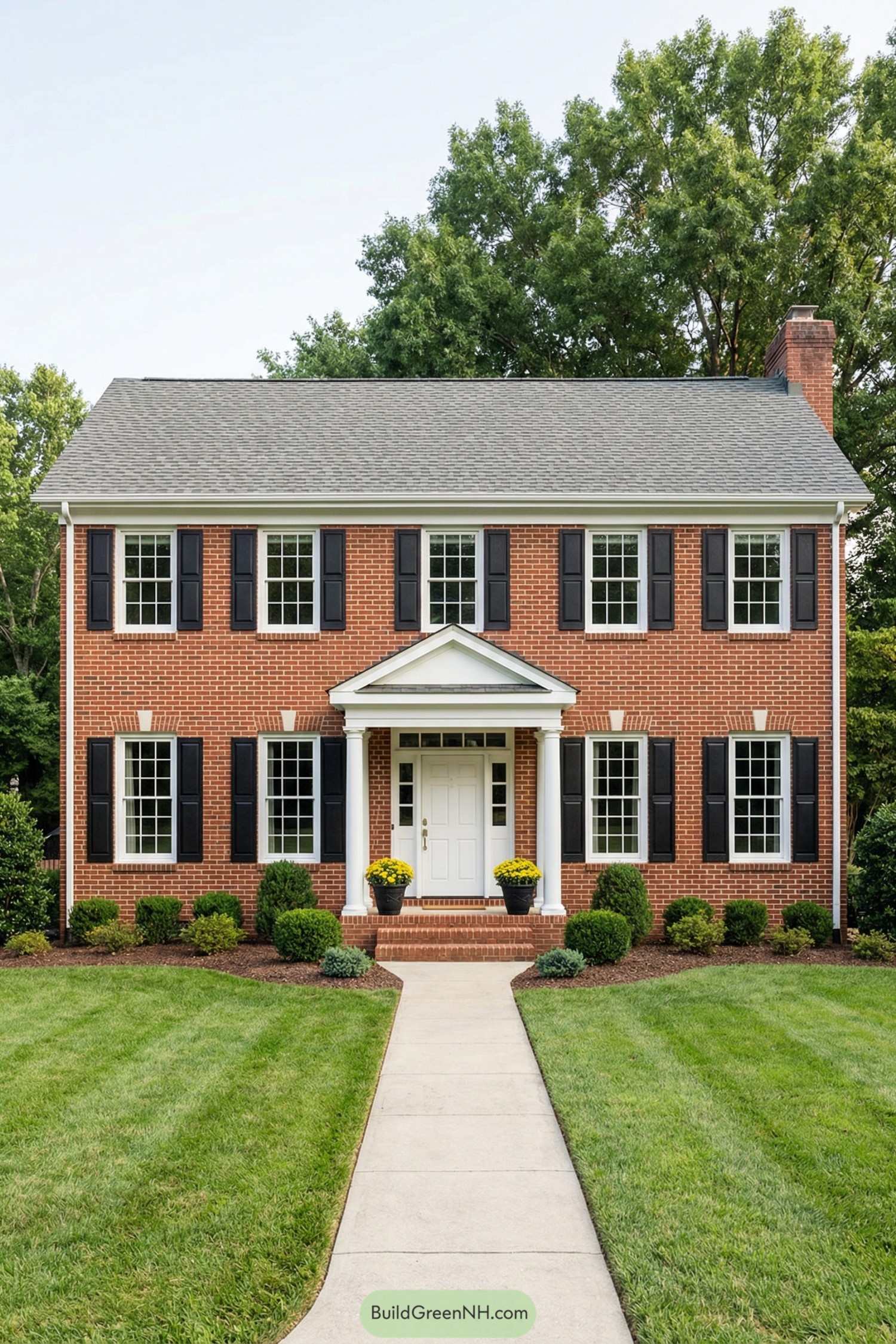 Red brick colonial house with white portico, black shutters, and manicured front lawn
