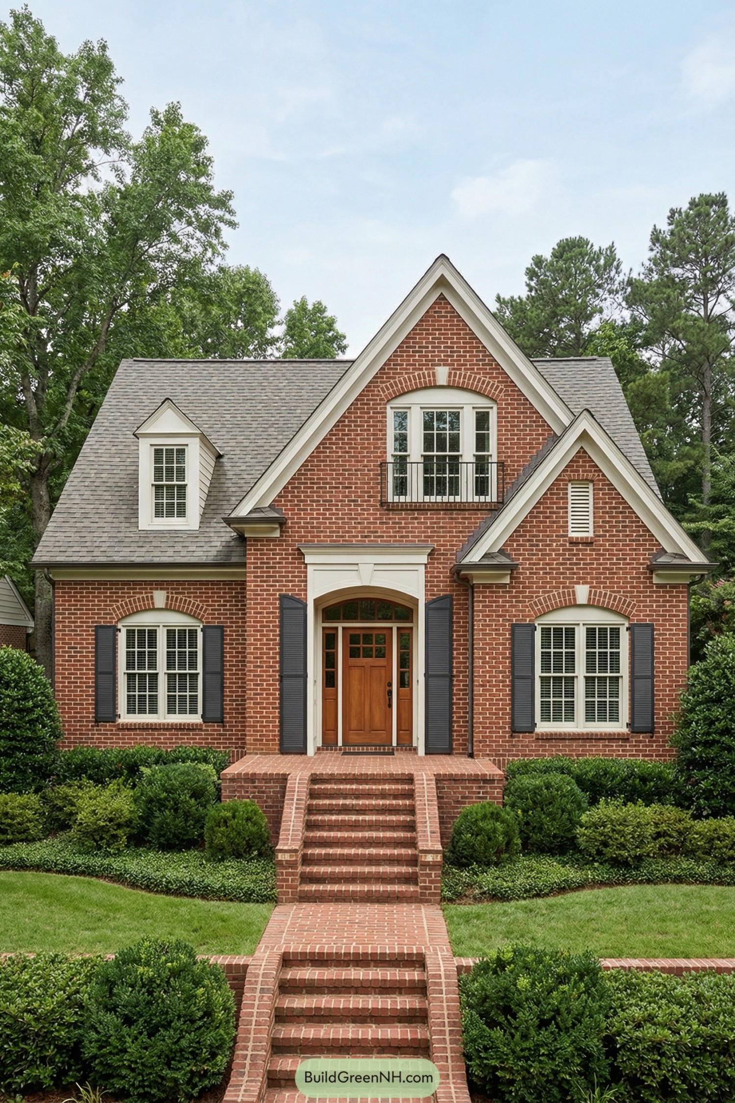 Red brick colonial home with steep front gables, dormers, and a formal brick stair leading through manicured landscaping to a central wood entry door