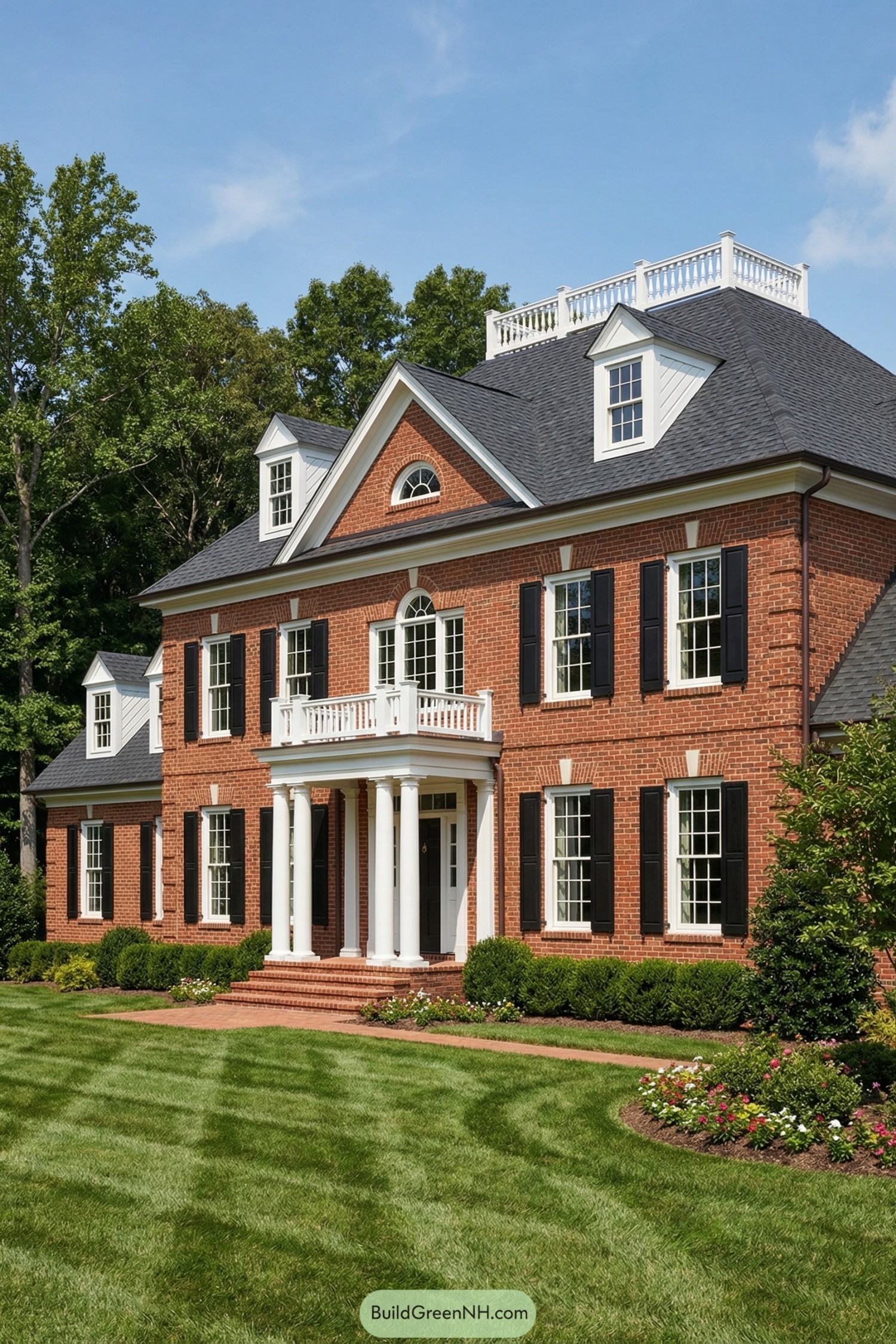 Red brick colonial house with white columns and dormers