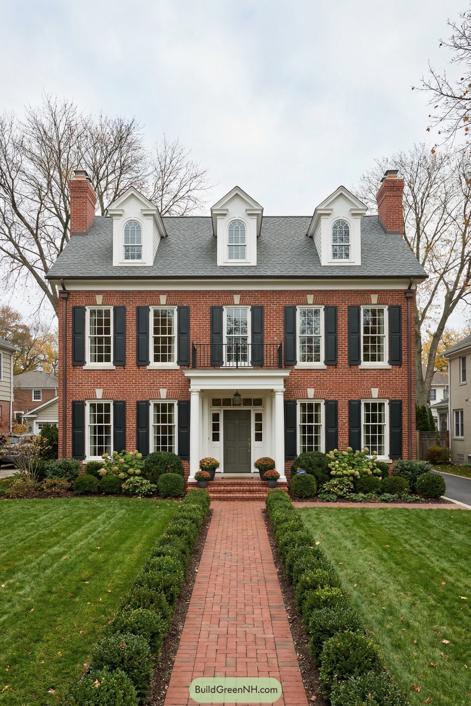 Red brick colonial house with white trim black shutters and three roof dormers