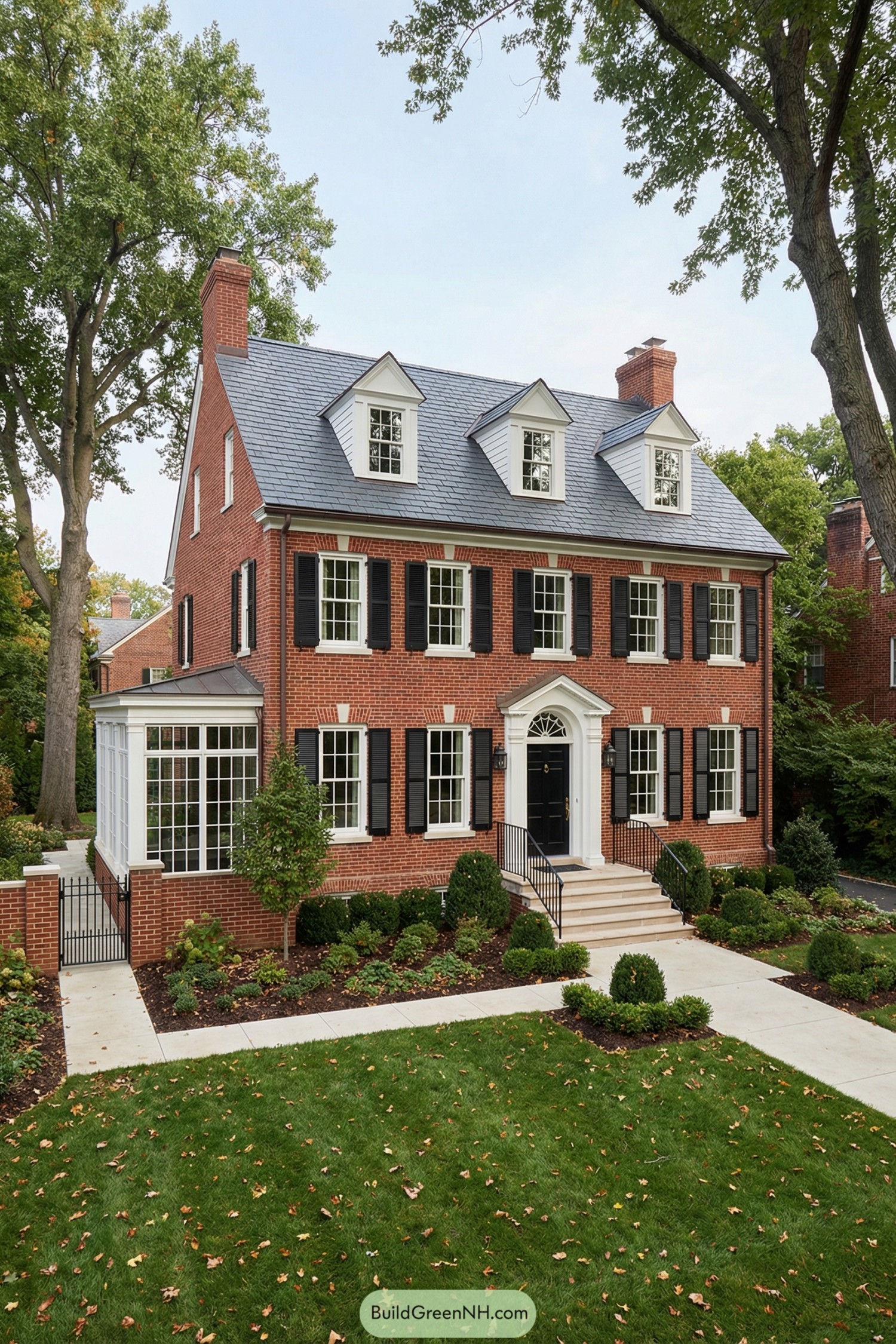Red brick colonial home with black shutters dormers and side sunroom