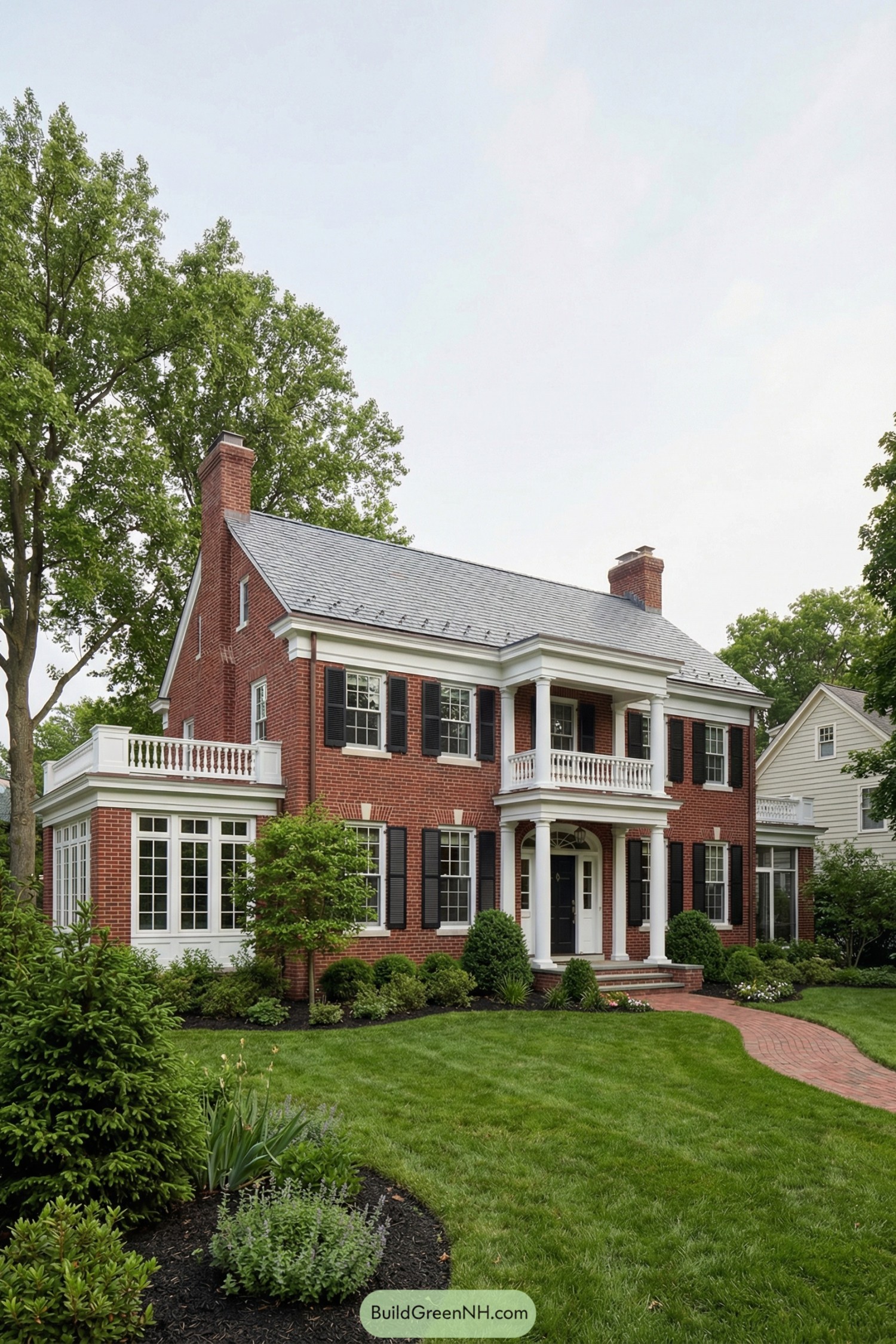 Red brick colonial house with white columns and manicured front yard