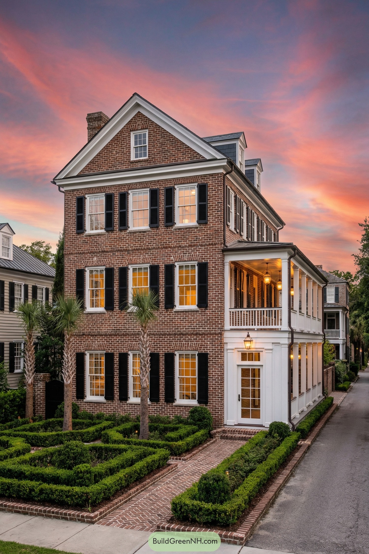 Three story brick colonial house with black shutters and side two story porch at sunset