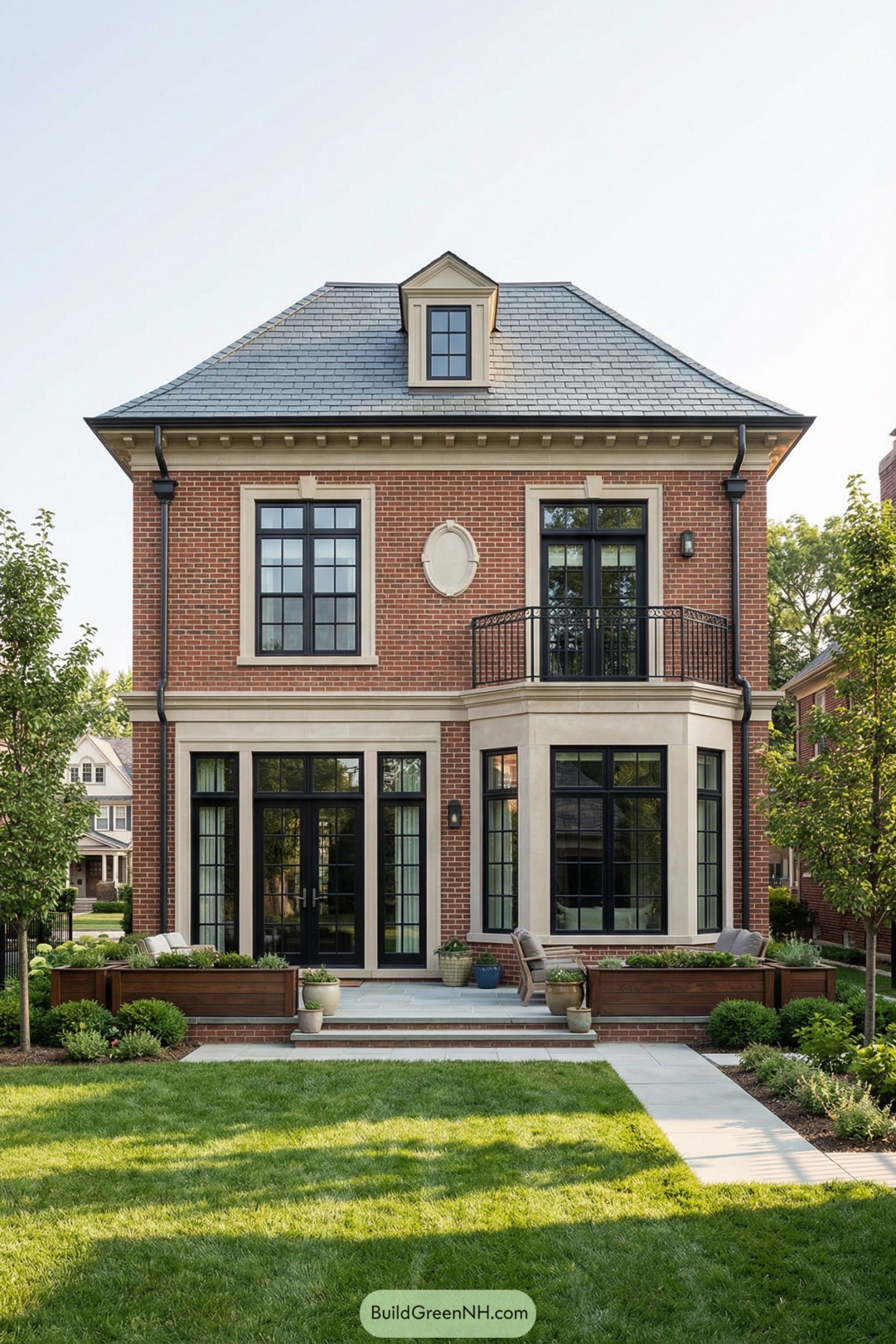 Elegant brick colonial home with tall black windows opening to a landscaped backyard patio