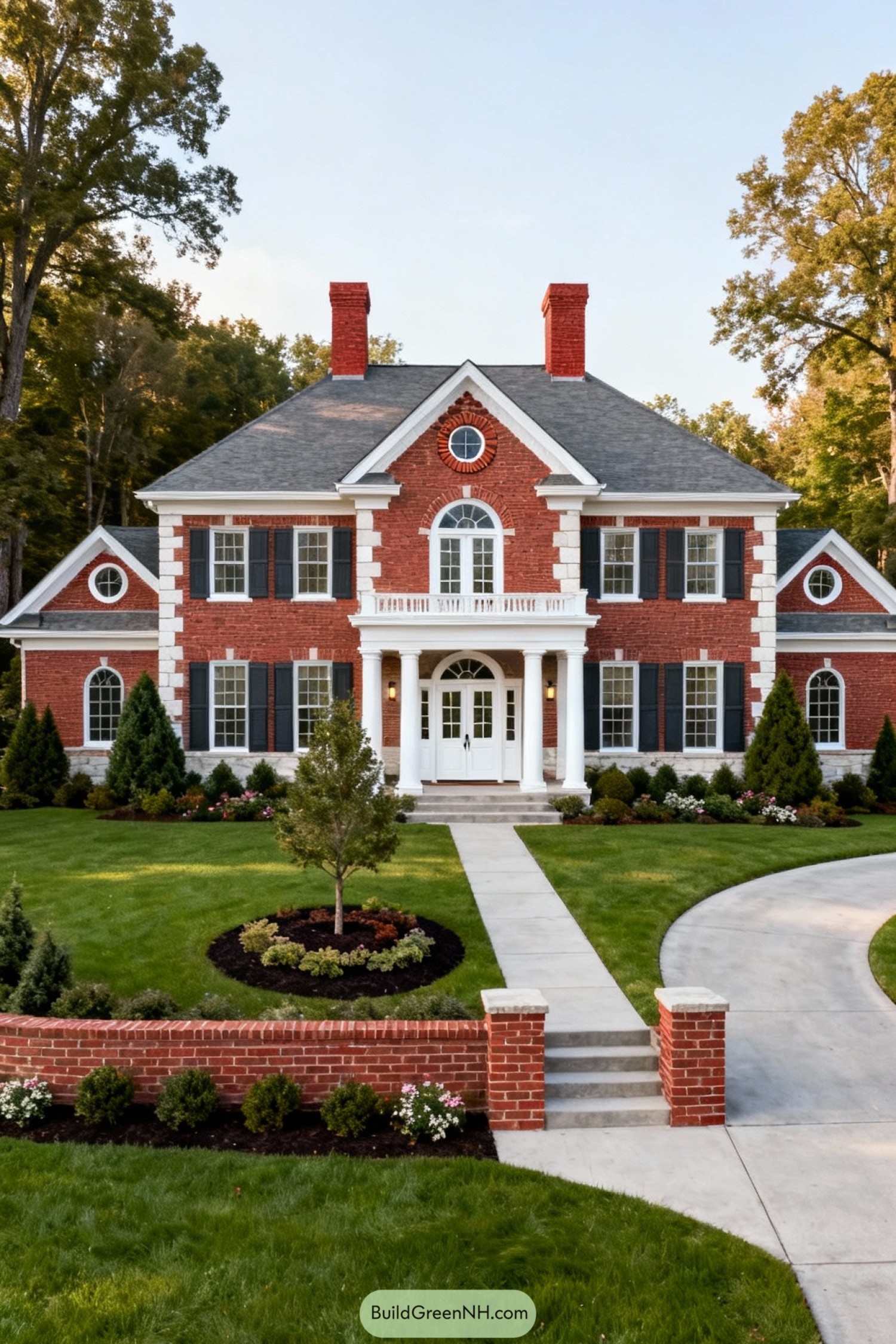 Red brick colonial house with grand central entry, white columns, and manicured front lawn