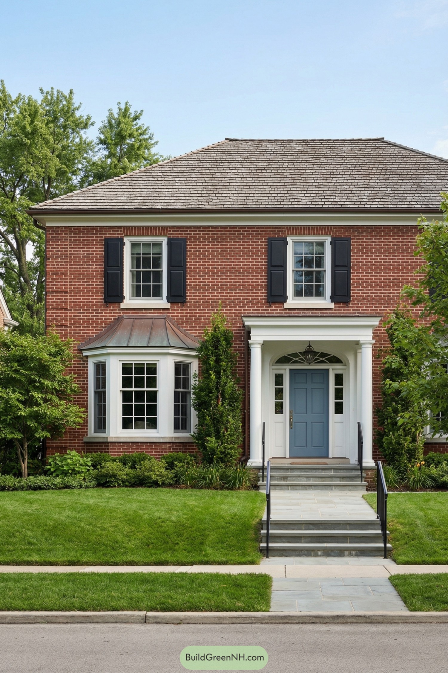 Red brick colonial home with blue door and bay window