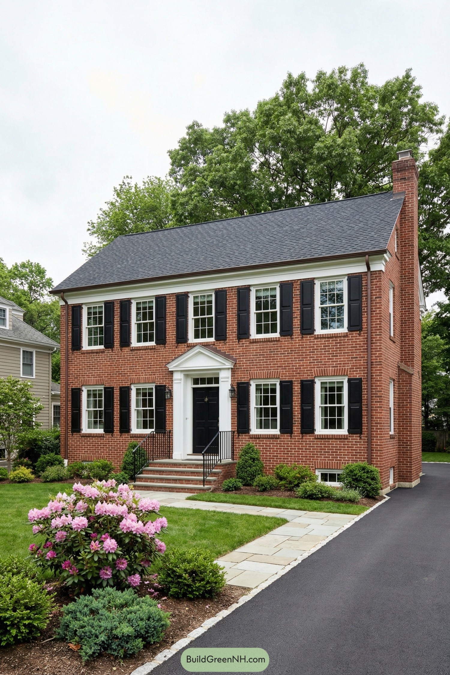 Red brick colonial house with black shutters and central entry framed by neat landscaping