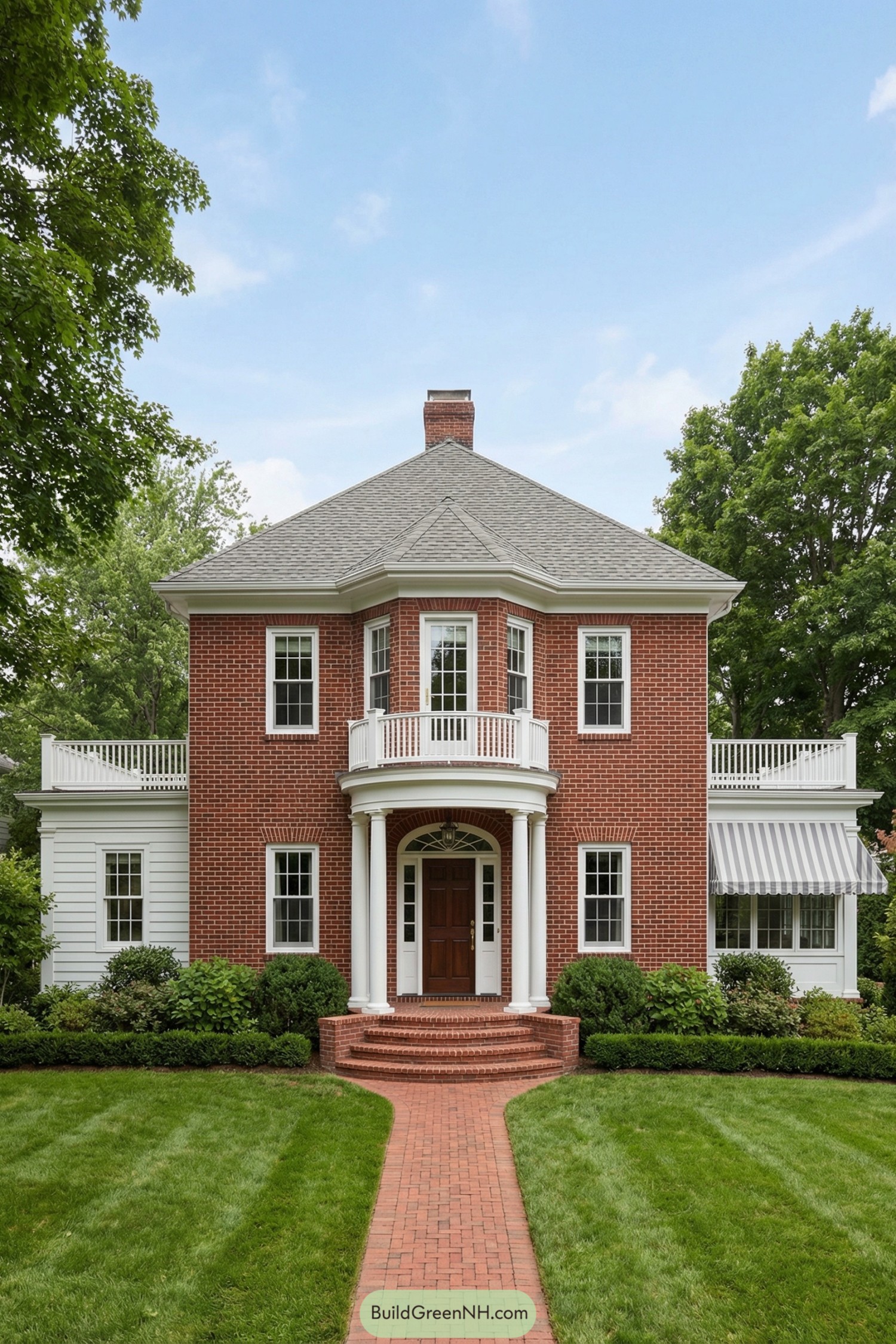 Red brick colonial house with curved balcony and columned entry framed by lush lawn and trees