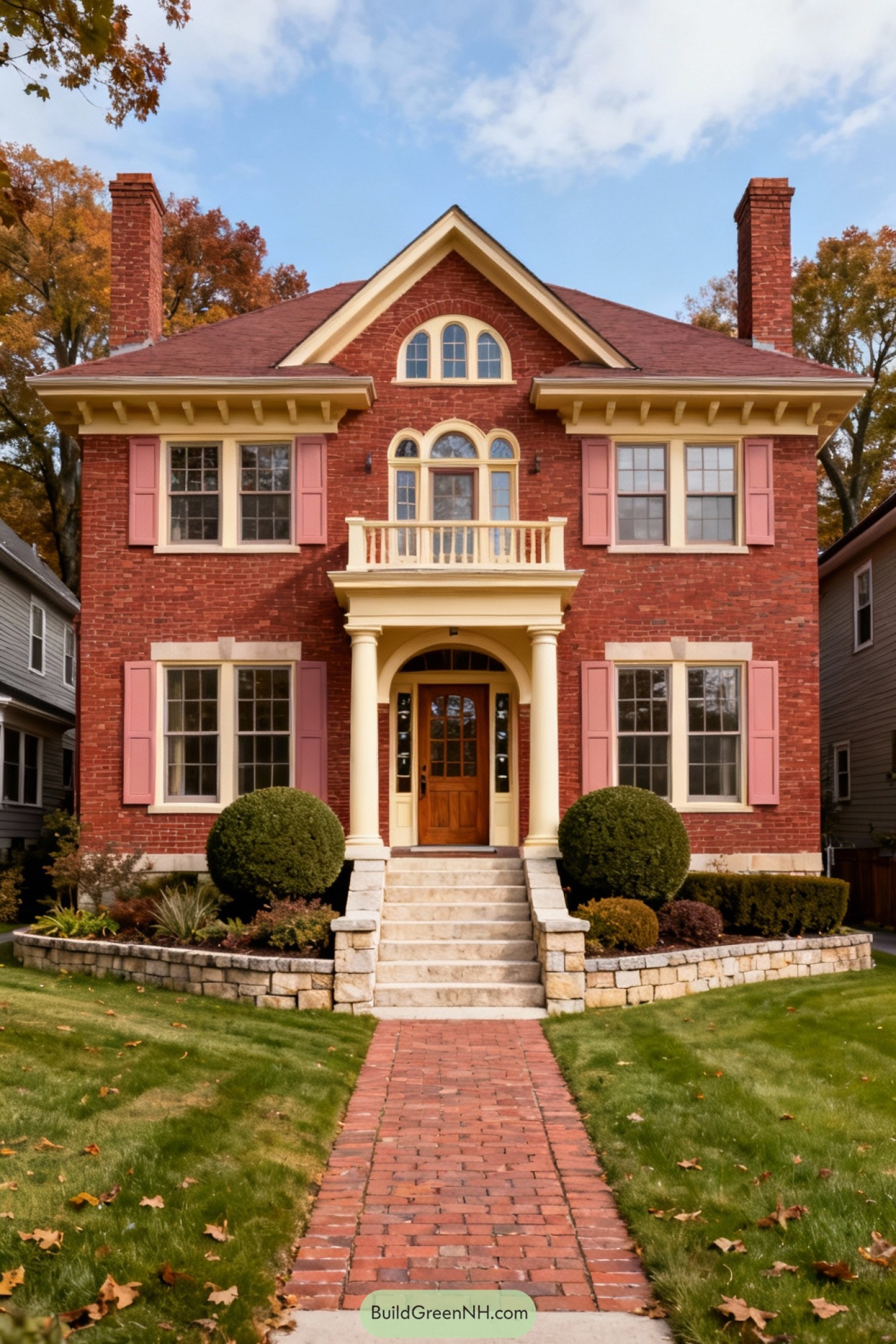 Red brick colonial house with pink shutters, columned entry porch, and manicured front garden