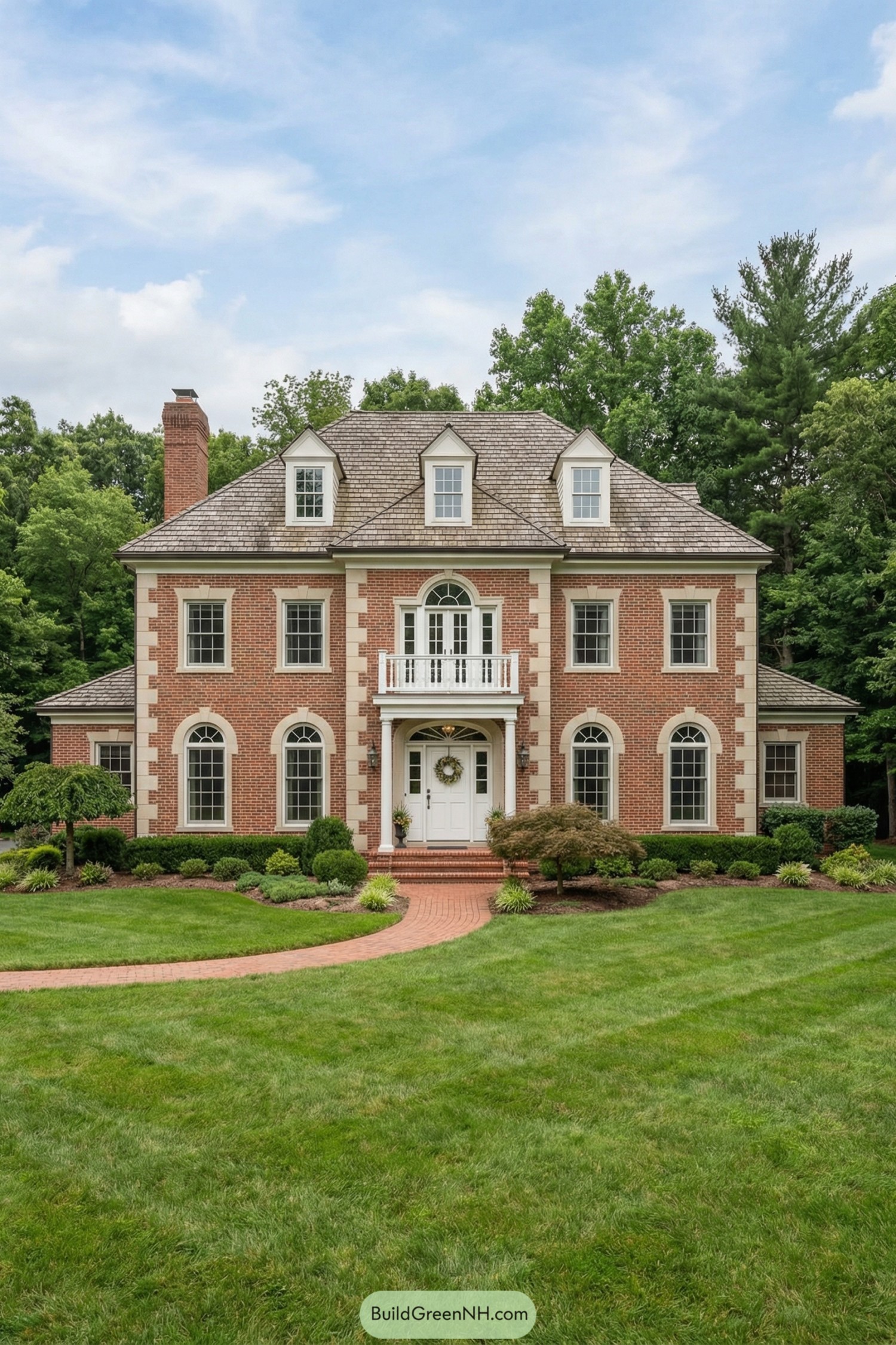 Red brick colonial home with central porch, balcony, dormers, and manicured front lawn