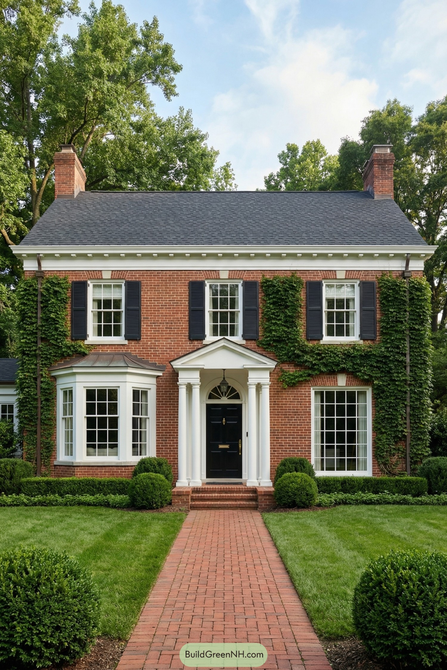 Red brick colonial house with white trim black shutters and ivy covered walls