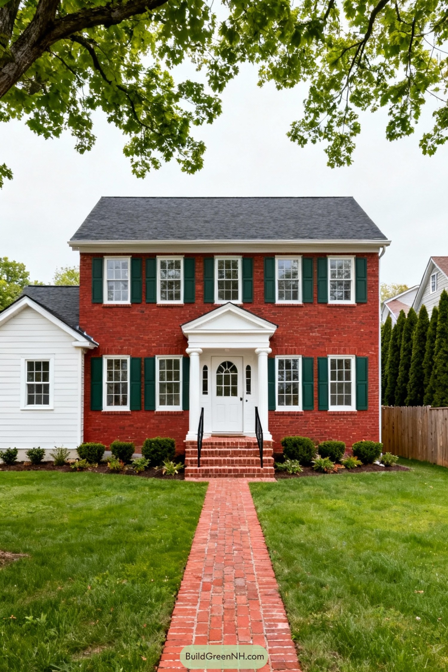 Red brick colonial house with white entry portico, green shutters, and matching brick walkway centered on a neat front yard