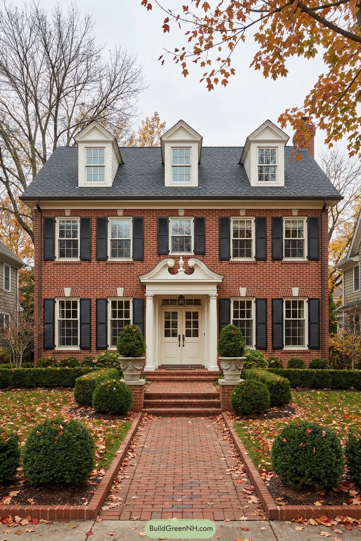 Red brick colonial house with dormers, black shutters, and formal front entry in autumn setting
