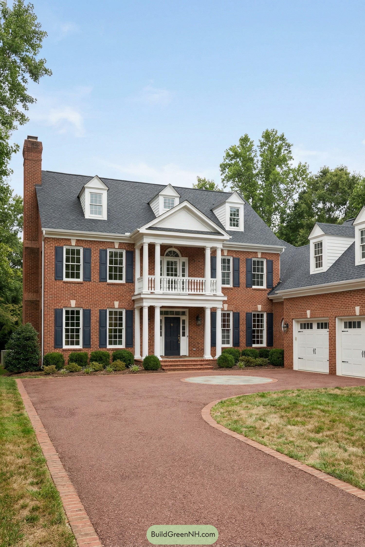 Red brick colonial home with tall white columns and attached three car garage