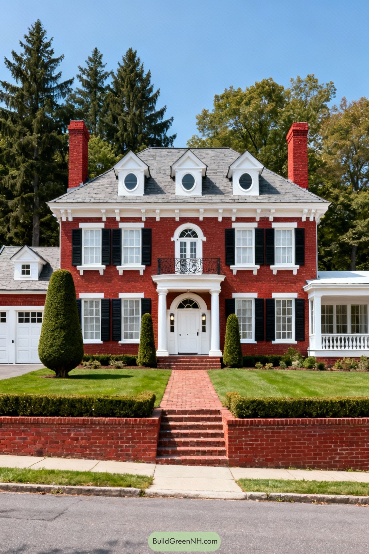 Red brick colonial home with black shutters manicured lawn and centered front walkway