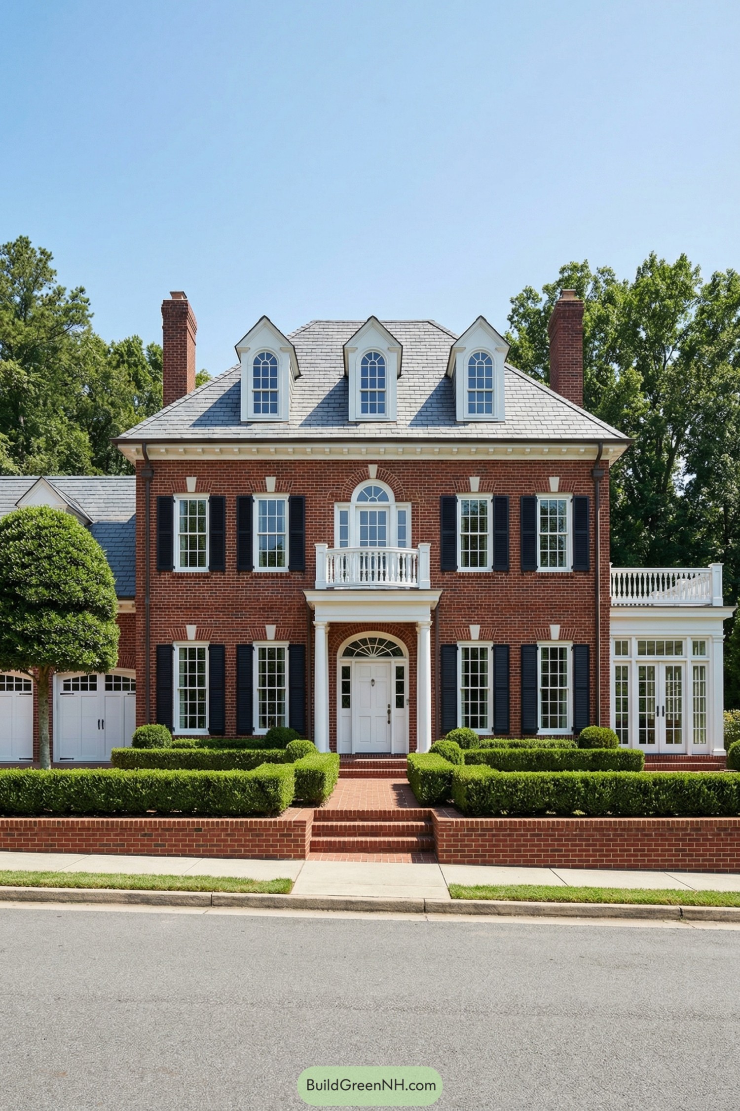 Red brick colonial home with dormers manicured hedges and white trim