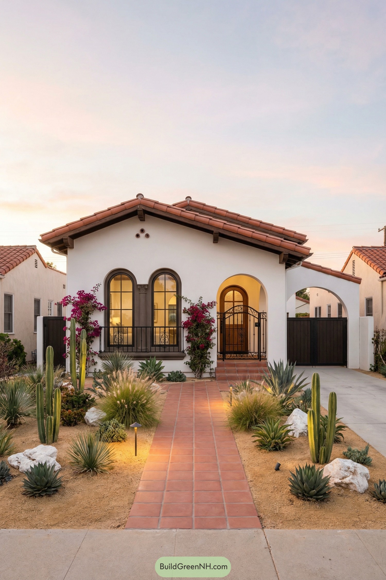 White stucco Spanish house with terracotta roof, arched windows, and a cactus filled front yard along a tiled walkway