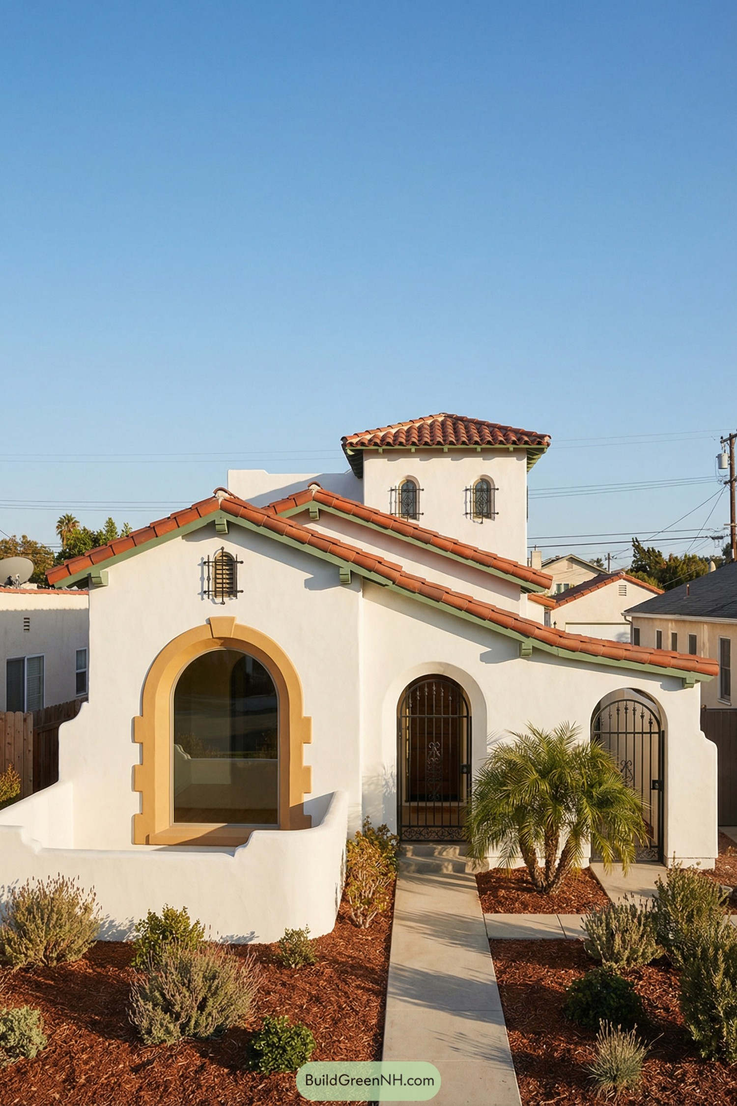White stucco Spanish style house with tiled tower, arched windows, and a simple path through drought tolerant landscaping