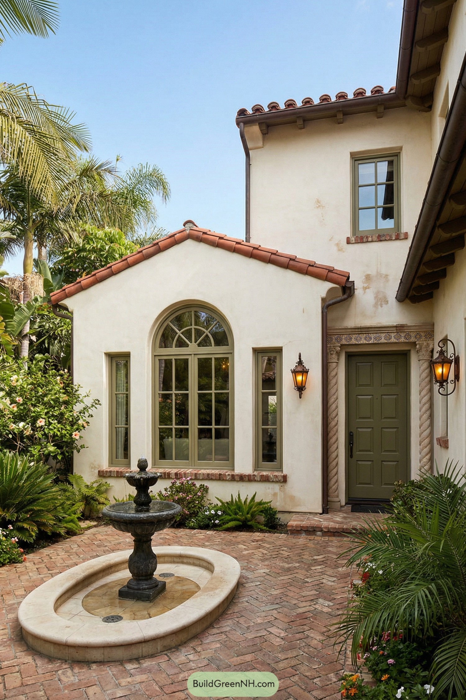 Spanish style courtyard with arched windows, brick paving, and a central fountain