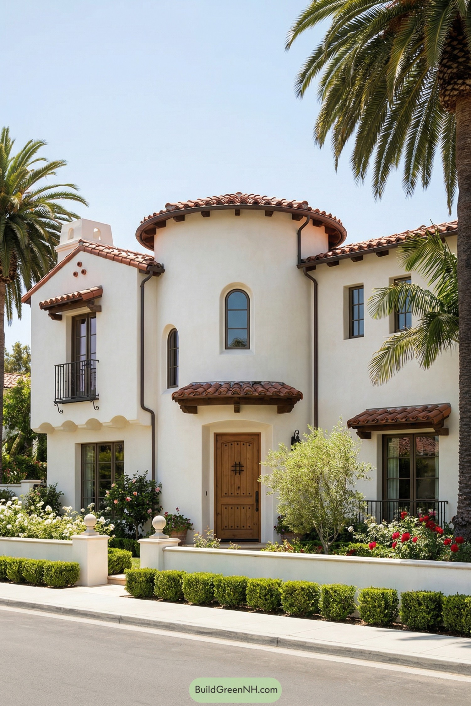 Stucco Spanish home with round turret entry and red tile roof framed by palms and a low garden wall