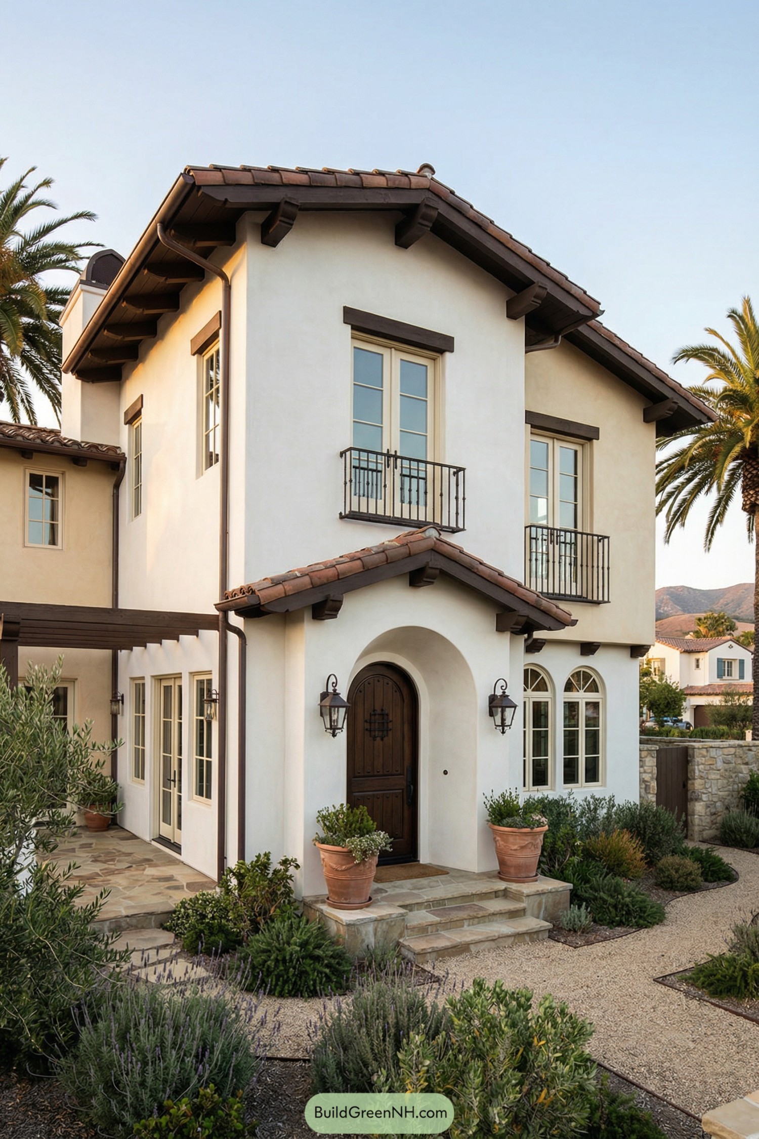 Two story stucco Spanish style house with clay tile roof, iron balconies, arched entry, and drought tolerant landscaping