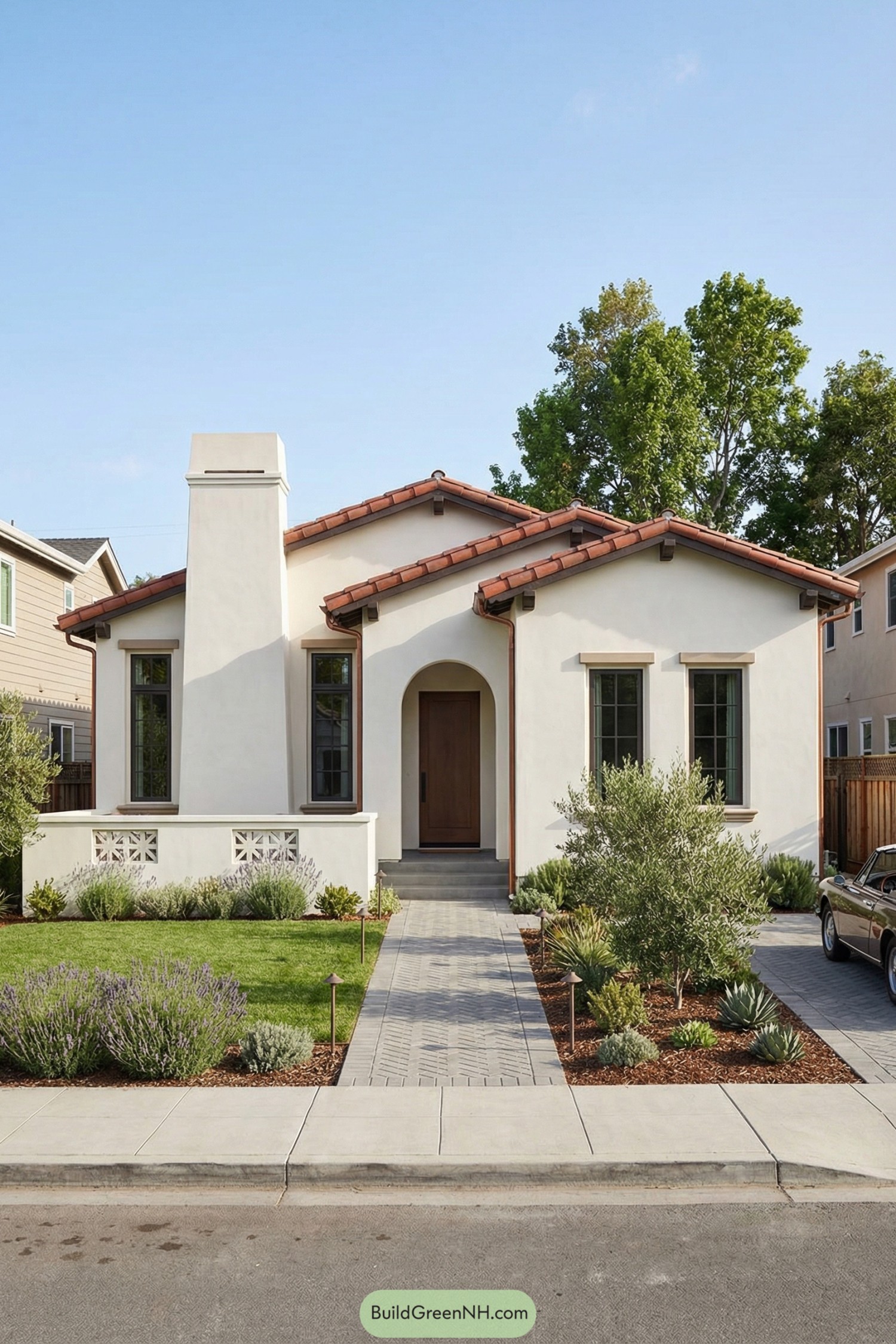 Single story white stucco Spanish home with red tile roof and drought tolerant front yard